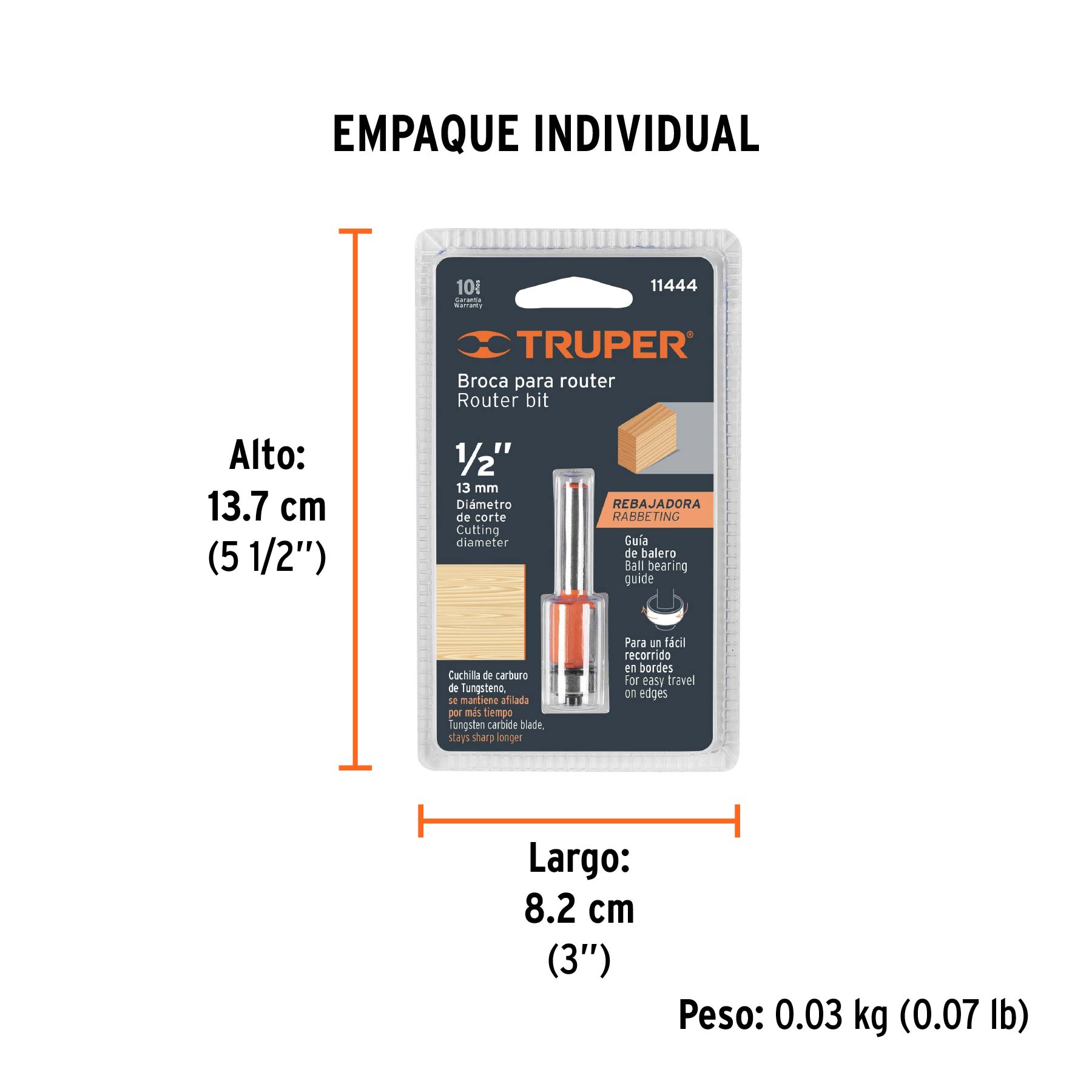 Broca para router, corte recto, 1/2" con balero, Truper