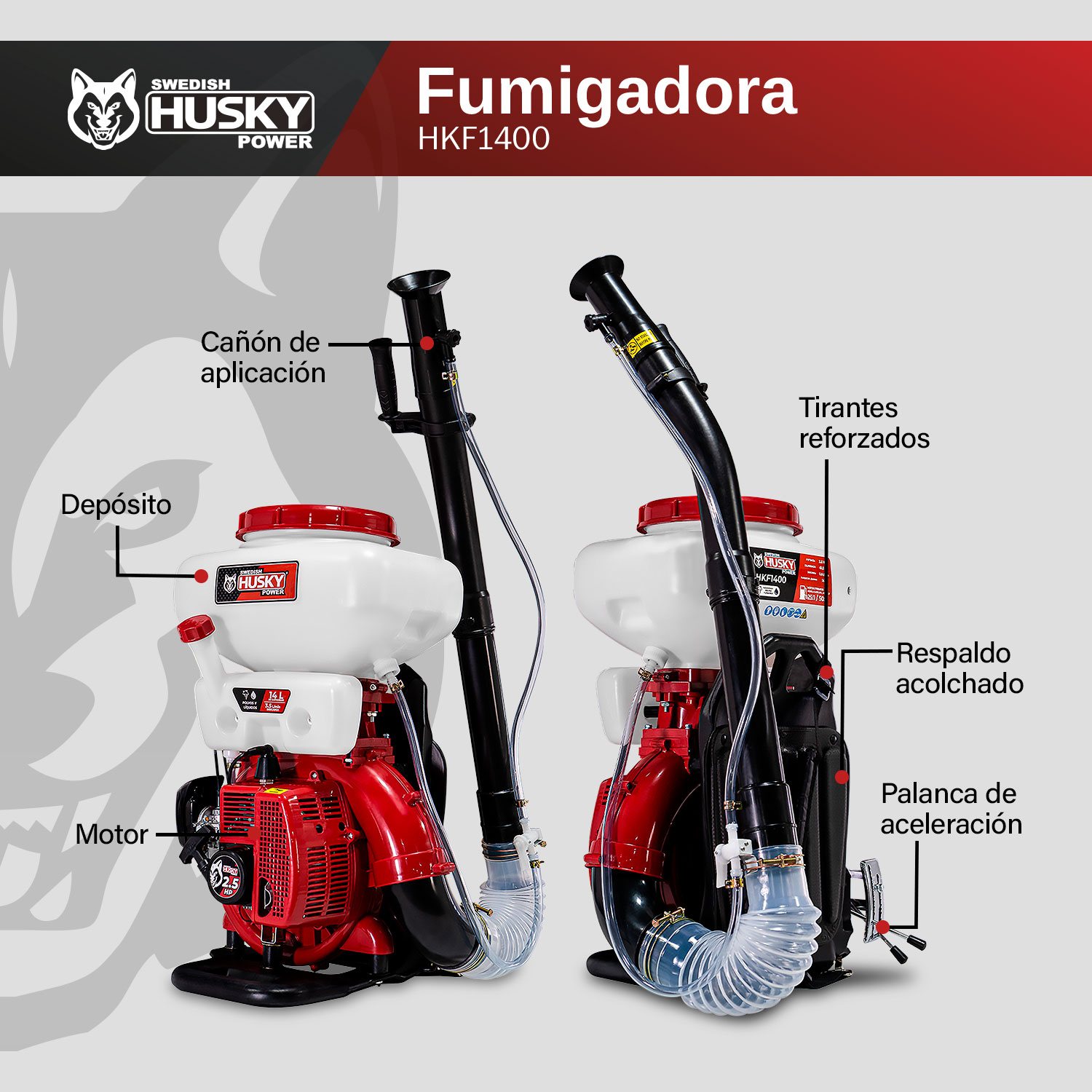 FUMIGADORA ASPERSORA SWEDISH HUSKY POWER P/LIQUIDOS Y POLVOS 14 LITROS 2.5 HP 41.5 CC - HKF1400