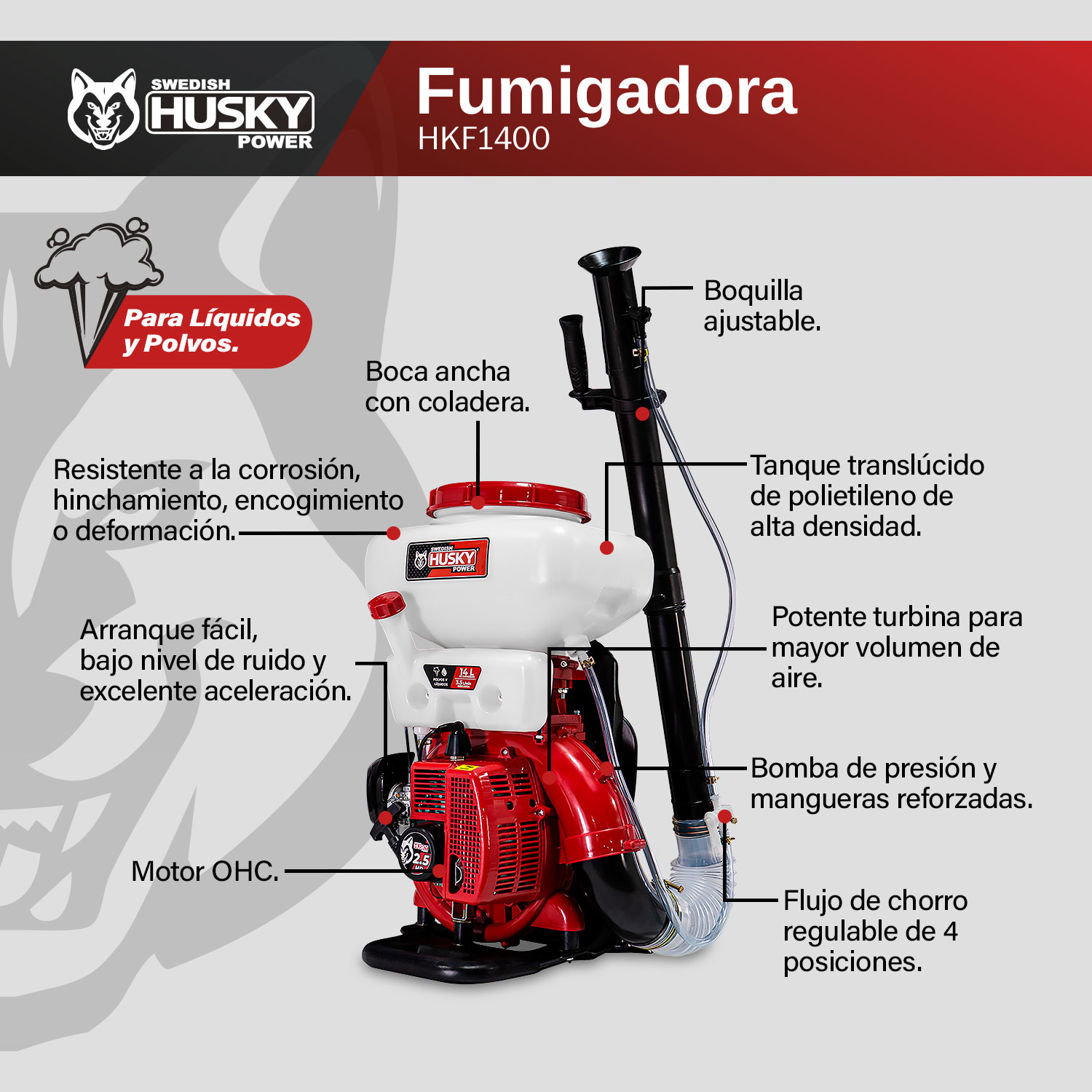 FUMIGADORA ASPERSORA SWEDISH HUSKY POWER P/LIQUIDOS Y POLVOS 14 LITROS 2.5 HP 41.5 CC - HKF1400