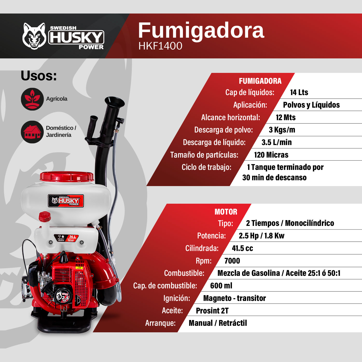 FUMIGADORA ASPERSORA SWEDISH HUSKY POWER P/LIQUIDOS Y POLVOS 14 LITROS 2.5 HP 41.5 CC - HKF1400
