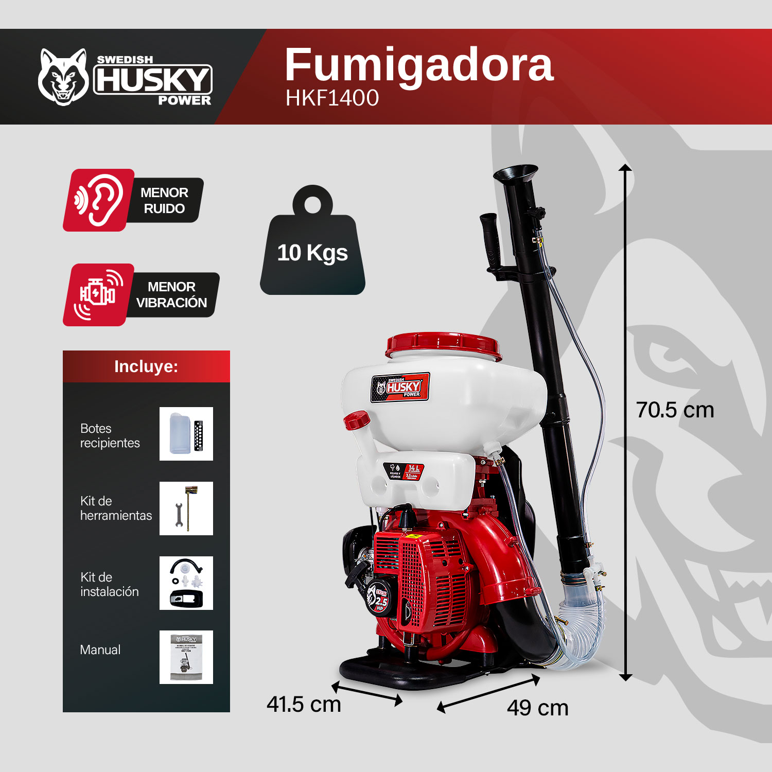 FUMIGADORA ASPERSORA SWEDISH HUSKY POWER P/LIQUIDOS Y POLVOS 14 LITROS 2.5 HP 41.5 CC - HKF1400