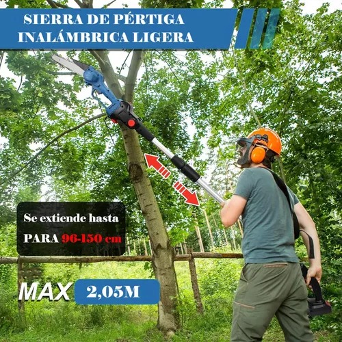 Motosierra Electrica 8' 2 En 1 Con 2,05m Pertiga Telescopica, Sierra De Pértiga Mini Ajustable Con 2 baterias