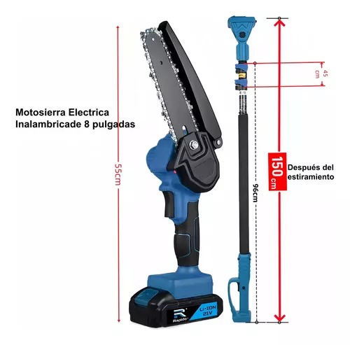 Motosierra Electrica 8' 2 En 1 Con 2,05m Pertiga Telescopica, Sierra De Pértiga Mini Ajustable Con 2 baterias