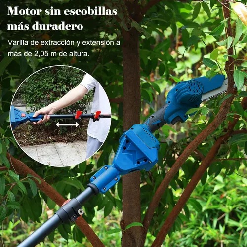 Motosierra Electrica 8' 2 En 1 Con 2,05m Pertiga Telescopica, Sierra De Pértiga Mini Ajustable Con 2 baterias