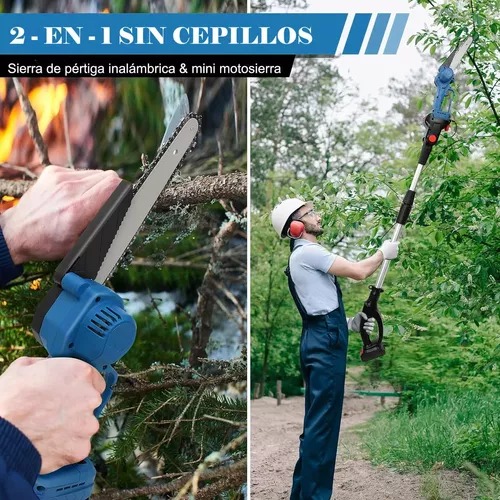 Motosierra Electrica 8' 2 En 1 Con 2,05m Pertiga Telescopica, Sierra De Pértiga Mini Ajustable Con 2 baterias
