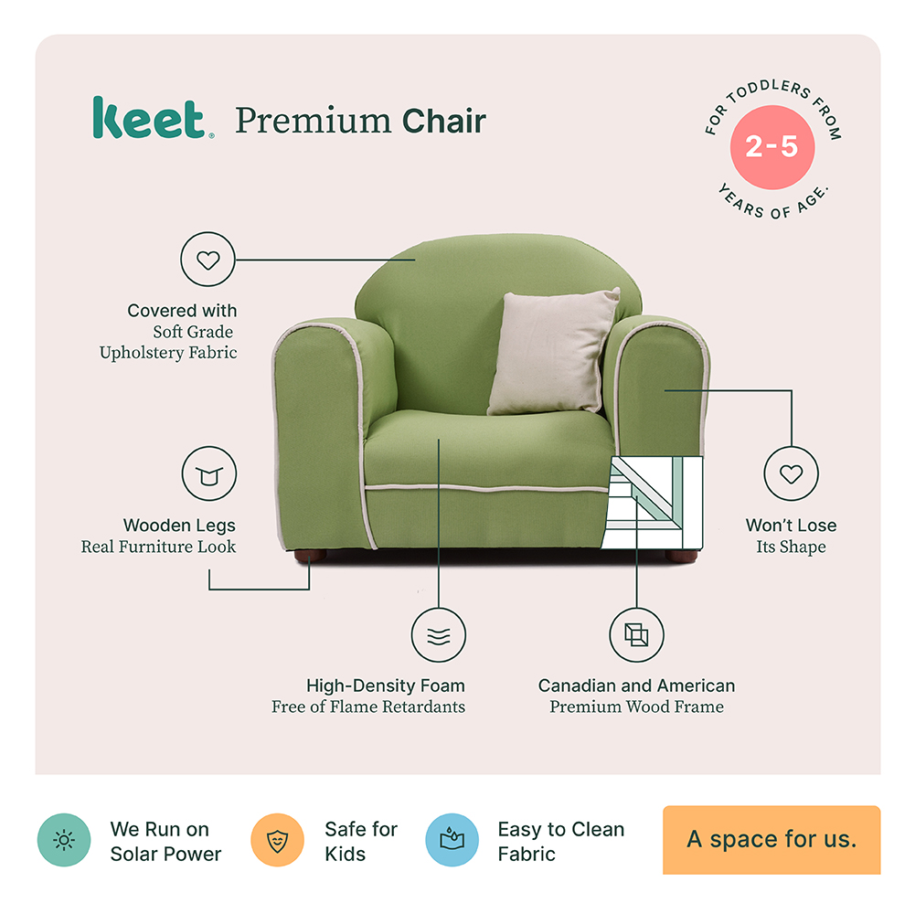 Sillón Infantil Keet Orgánico Premium verde limón, estructura y base de madera sólida y tapizado de Algodón orgánico