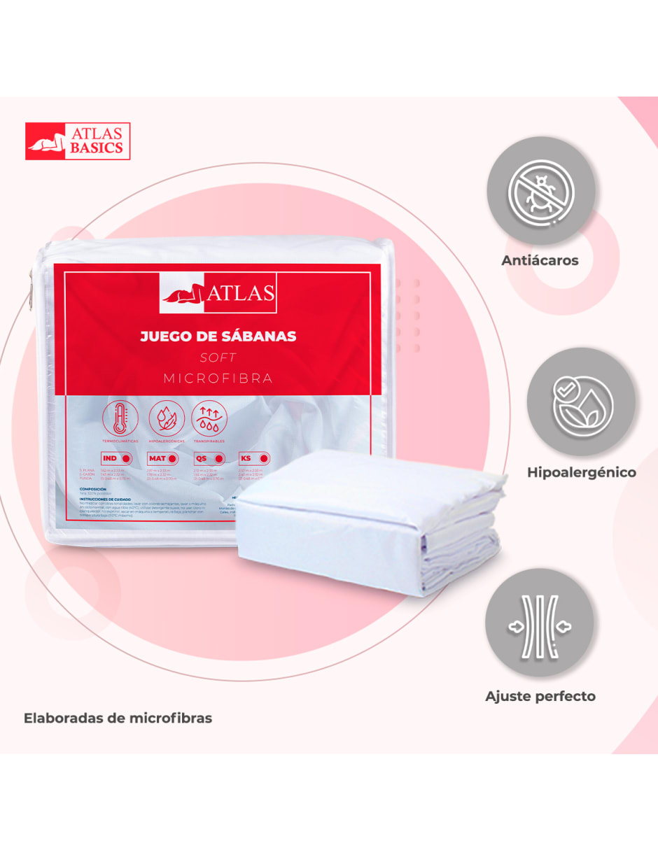 Juego de Sábanas Queen Size Blanco Atlas Basic de Microfibra Suave y Secado Rápido