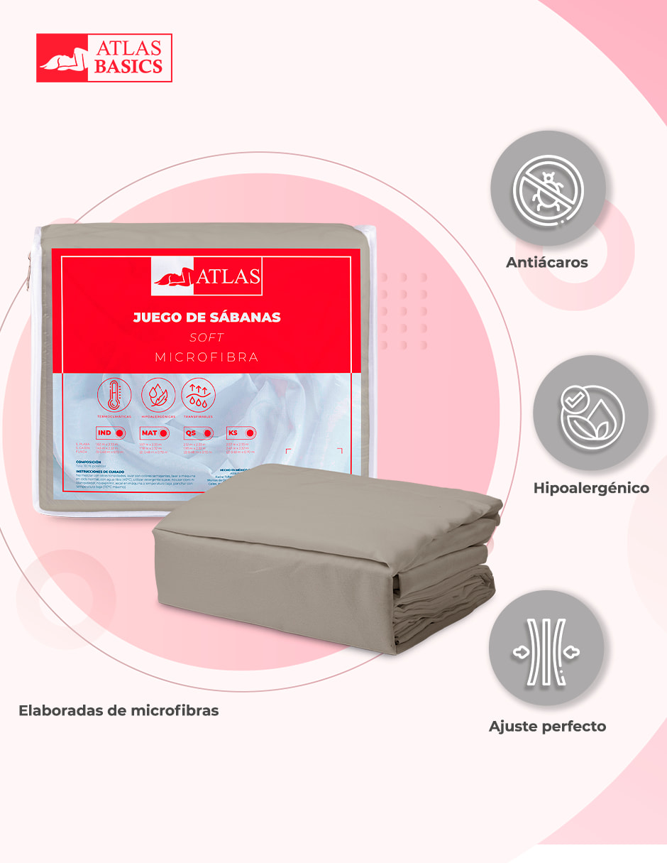 Juego de Sábanas King Size Gris Atlas Basic de Microfibra Suave y Secado Rápido