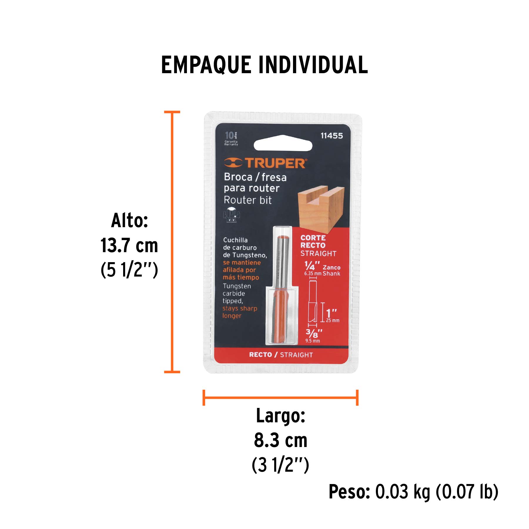 Broca para router, recta 2 filos, 3/8", Truper