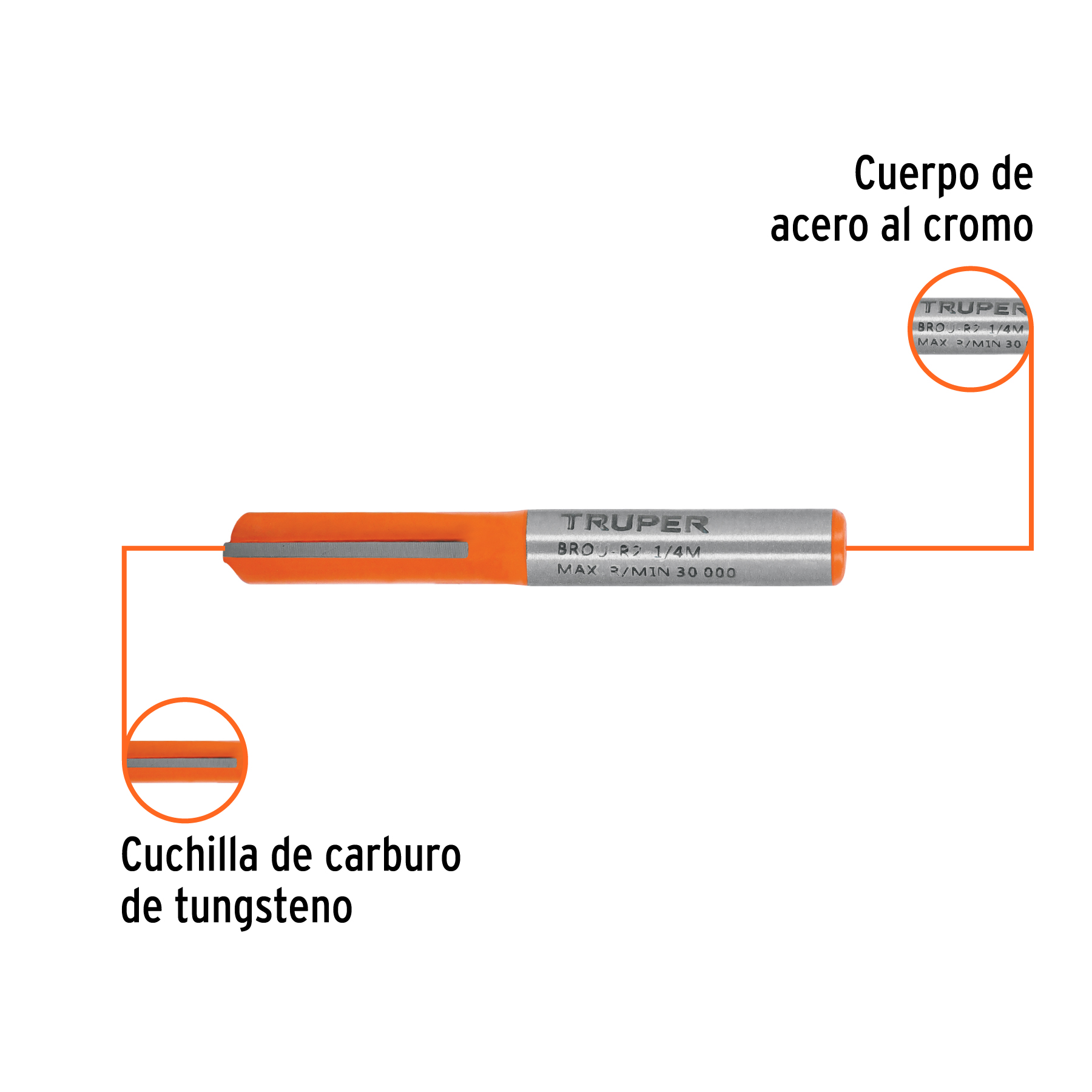 Broca para router, recta 2 filos, 1/4', mediana, Truper
