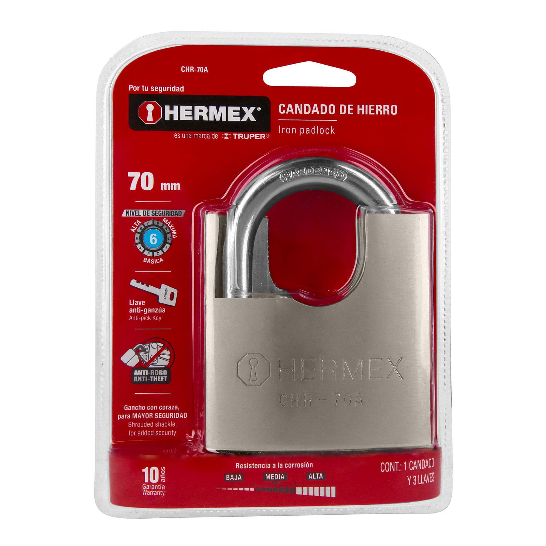 Candado de hierro 70 mm con coraza, llave anti-ganzúa