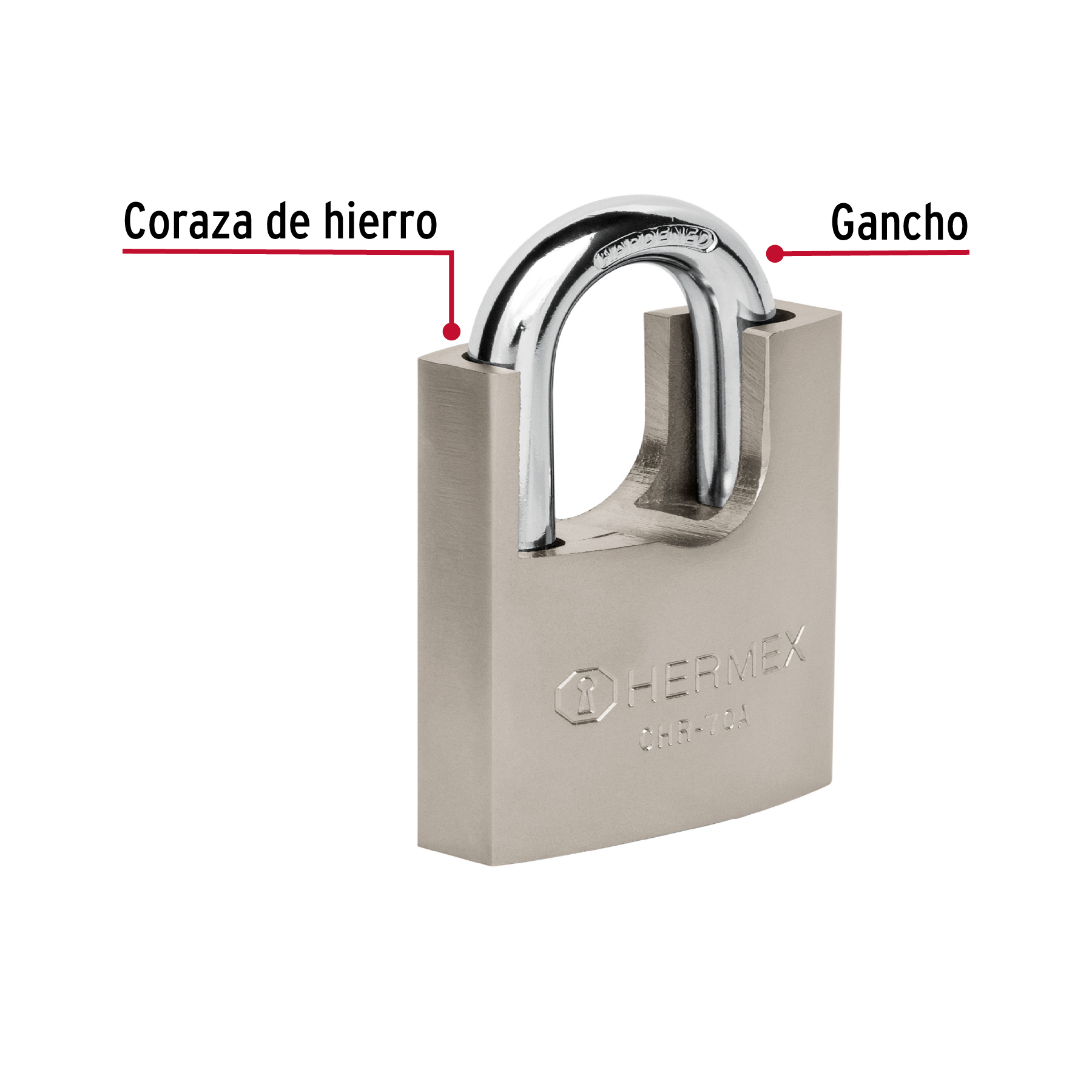 Candado de hierro 70 mm con coraza, llave anti-ganzúa
