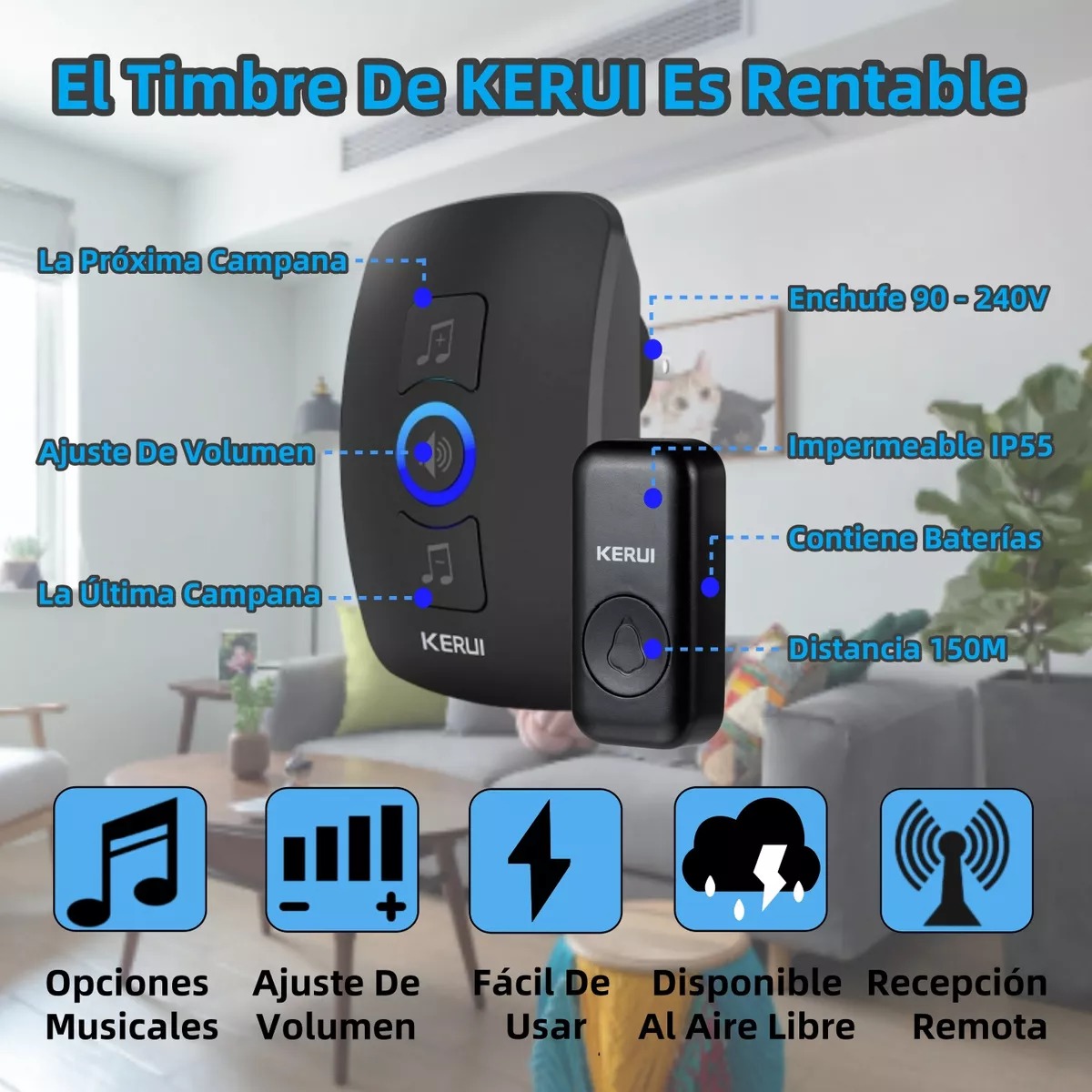 Timbre Inalámbrico Impermeable Con 1 Transmisor/2 Receptores