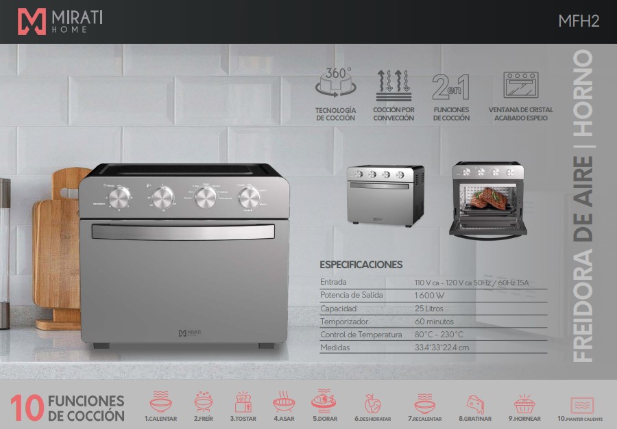 Freidora de Aire con Horno Mirati Home 25 Litros 10 Funciones Acero inoxidable Perillas Ajustables Modelo MFH2