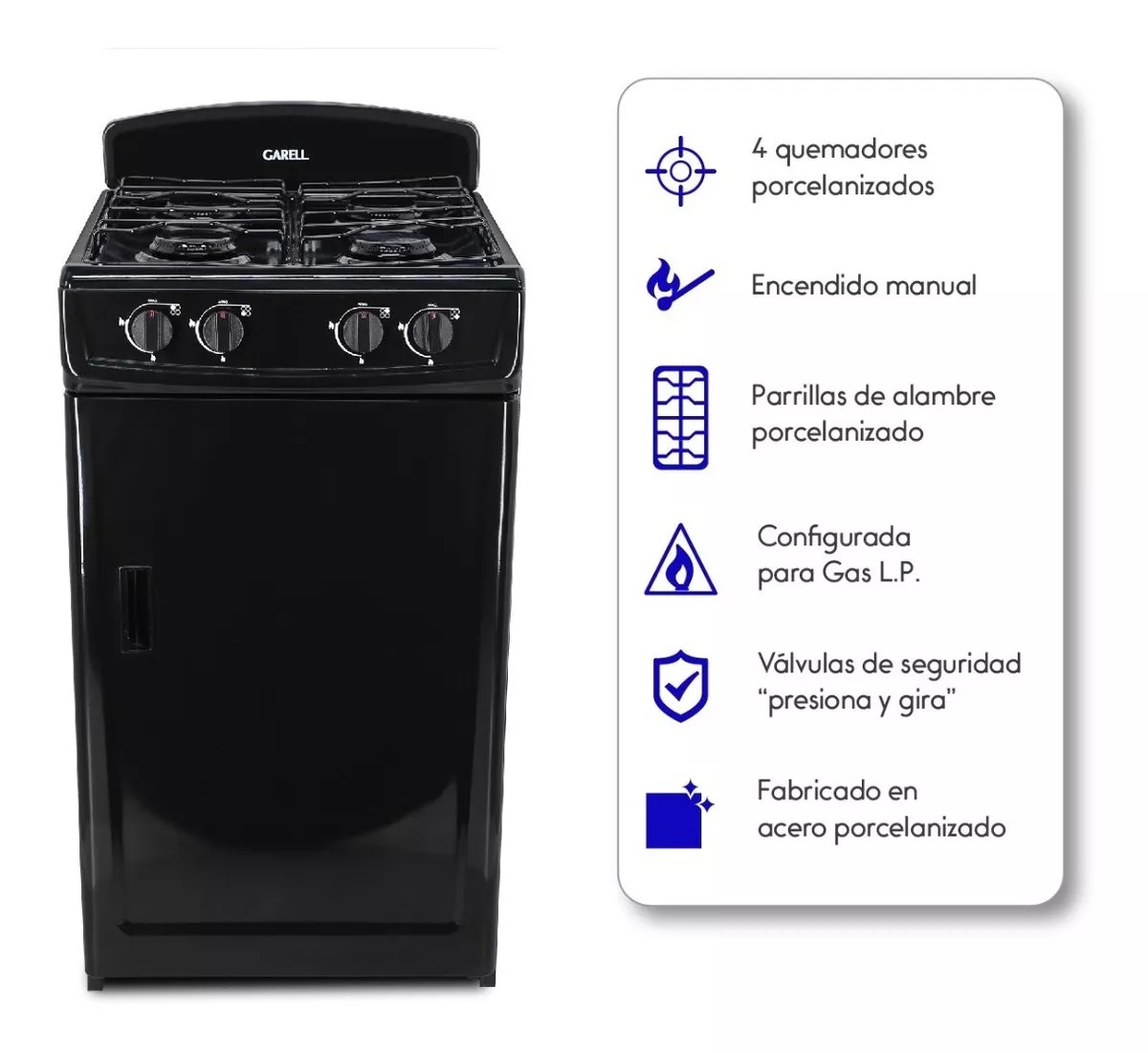 Estufa Parrilla De Gabinete A Gas Lp De 4 Quemadores Garell Color Negro