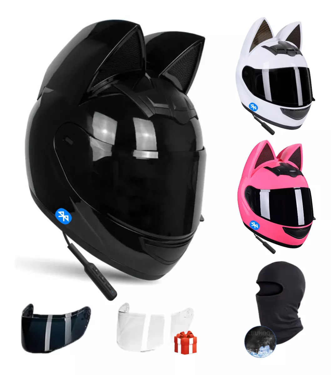 Casco Moto Mujer  NEGRO, Con Orejas De Gato Doble Micas Certificado