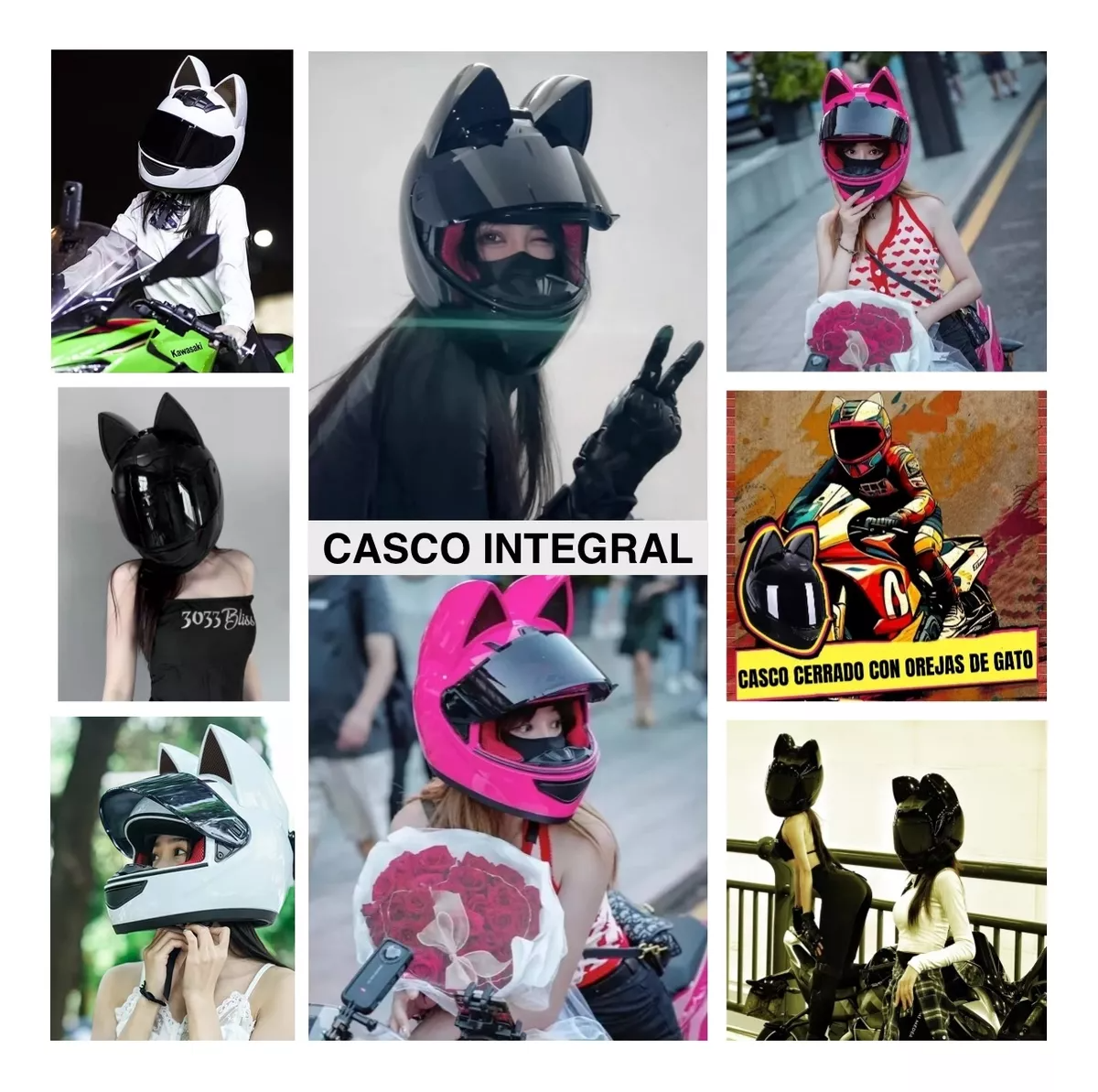Casco Moto Mujer  NEGRO, Con Orejas De Gato Doble Micas Certificado