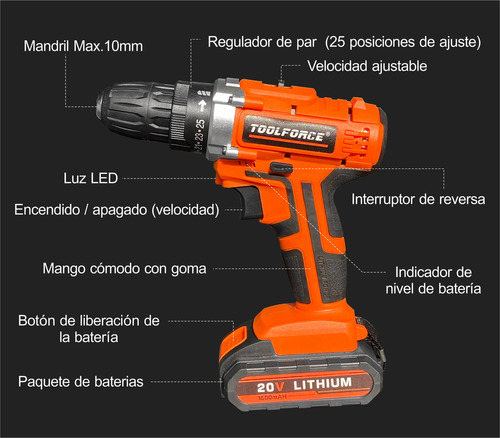 Taladro Atornillador Inalambrico 20v 1 Batería-toolforce Color Naranja Frecuencia 25 Drill Bits CD20
