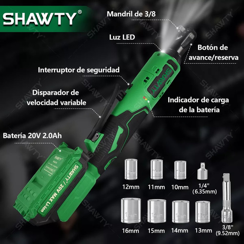 SHAWTY Matraca De Impacto Eléctricas, 20V Pistolas Llave De Impacto Inalámbricas De 3/8 Pulgadas, Llave de Impacto Con 2.0Ah Batería, 65N.m Y 7 Enchufes y Bolsa de Herramientas