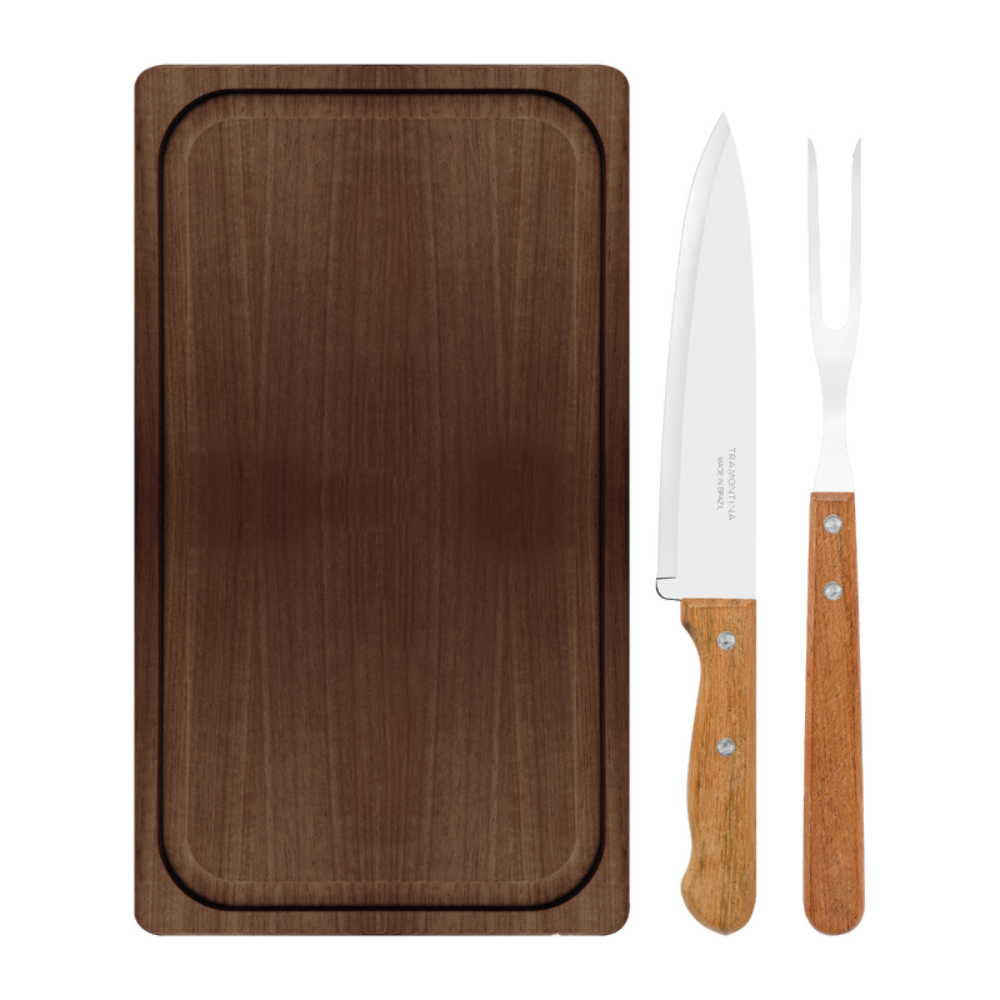 Kit Asado Tramontina Churrasco 3 Piezas: Cuchillas Acero Inoxidable y Tabla de Madera