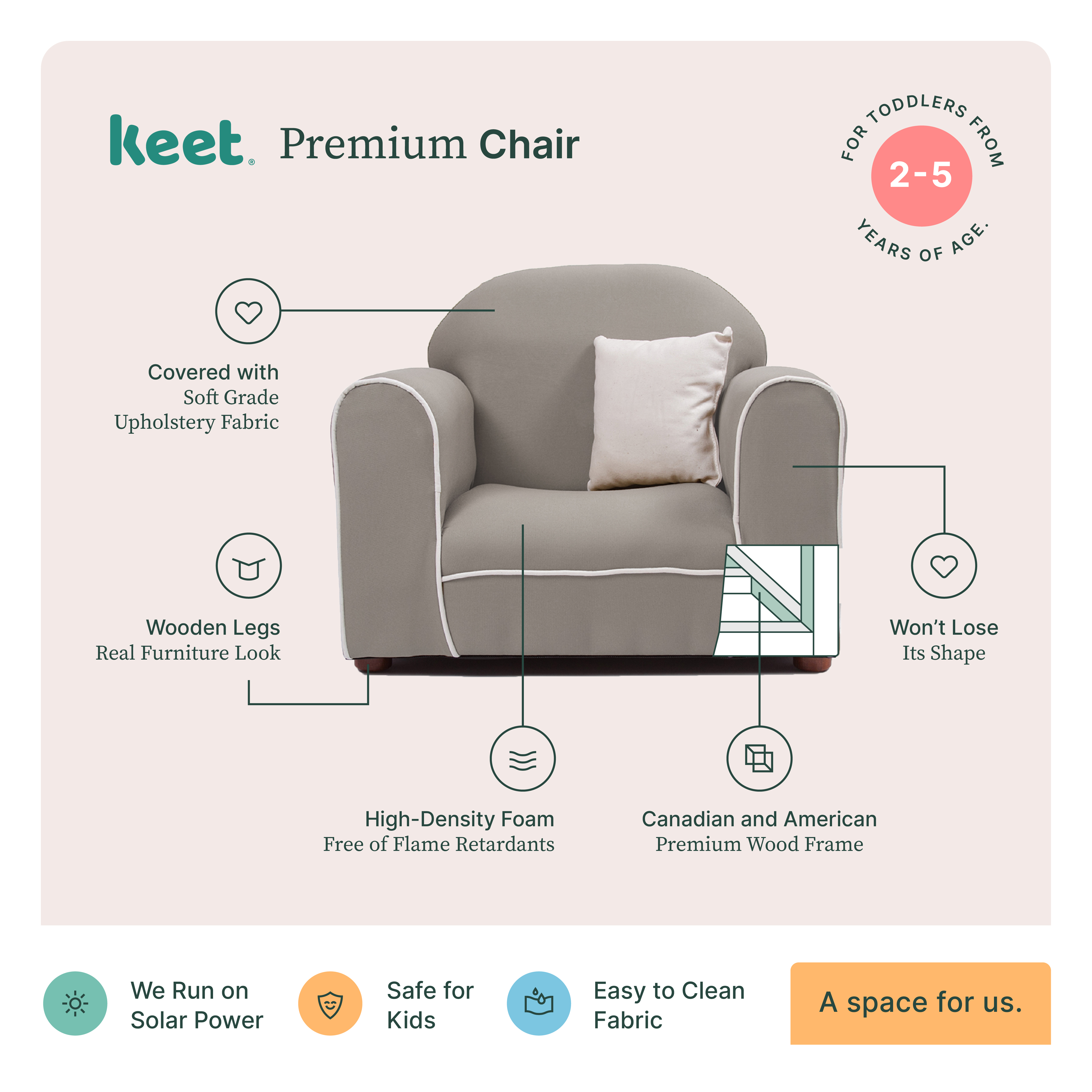 Sofá infantil realístico Keet en algodón orgánico grey ambiente saludable: Estructura y base de madera sólida, ergonómico y suave al tacto