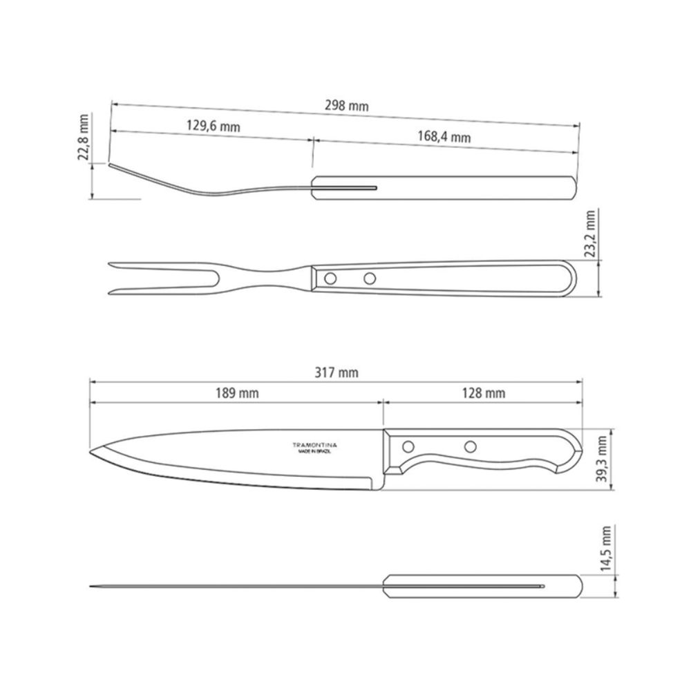 Kit Asado Tramontina Churrasco 3 Piezas: Cuchillas Acero Inoxidable y Tabla de Madera