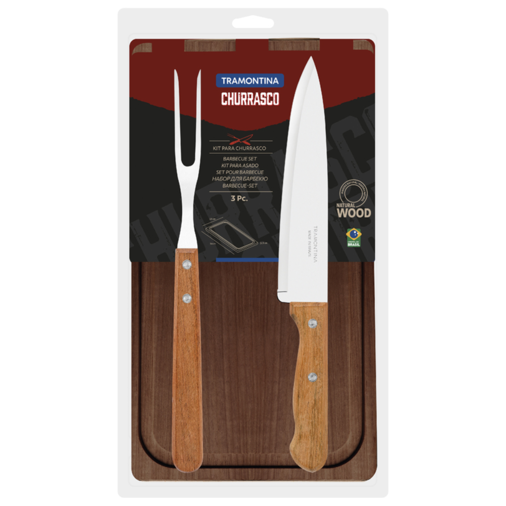 Kit Asado Tramontina Churrasco 3 Piezas: Cuchillas Acero Inoxidable y Tabla de Madera