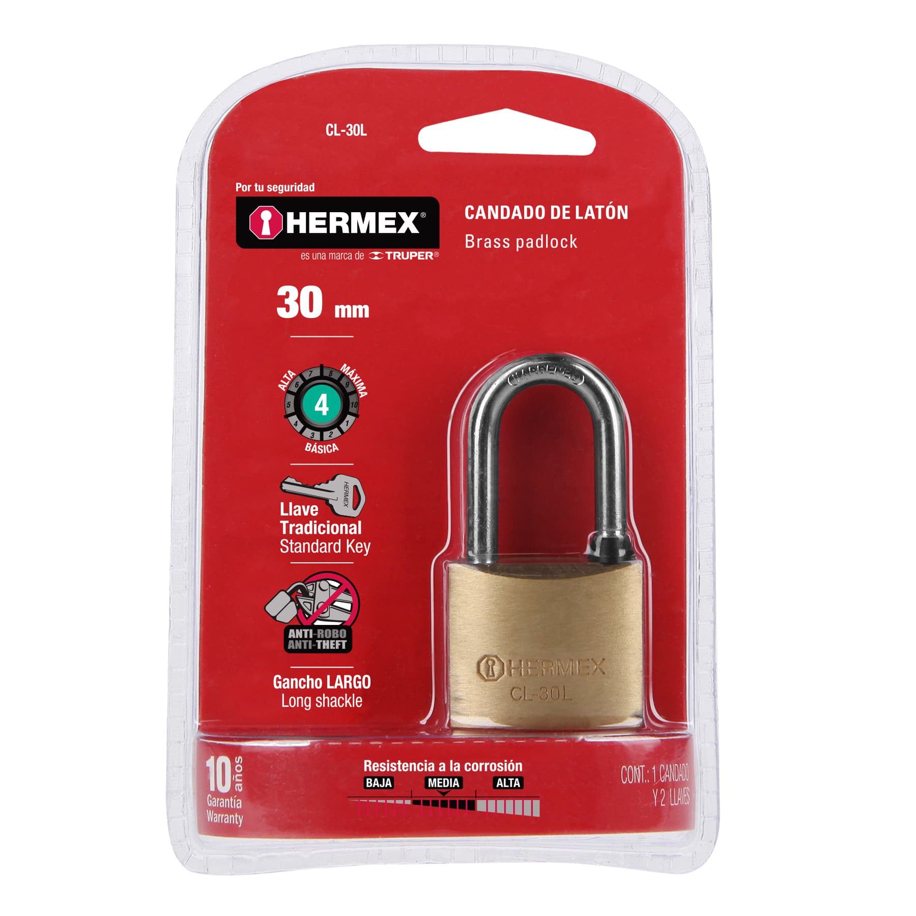 Candado de latón 30 mm gancho largo en blíster, HERMEX