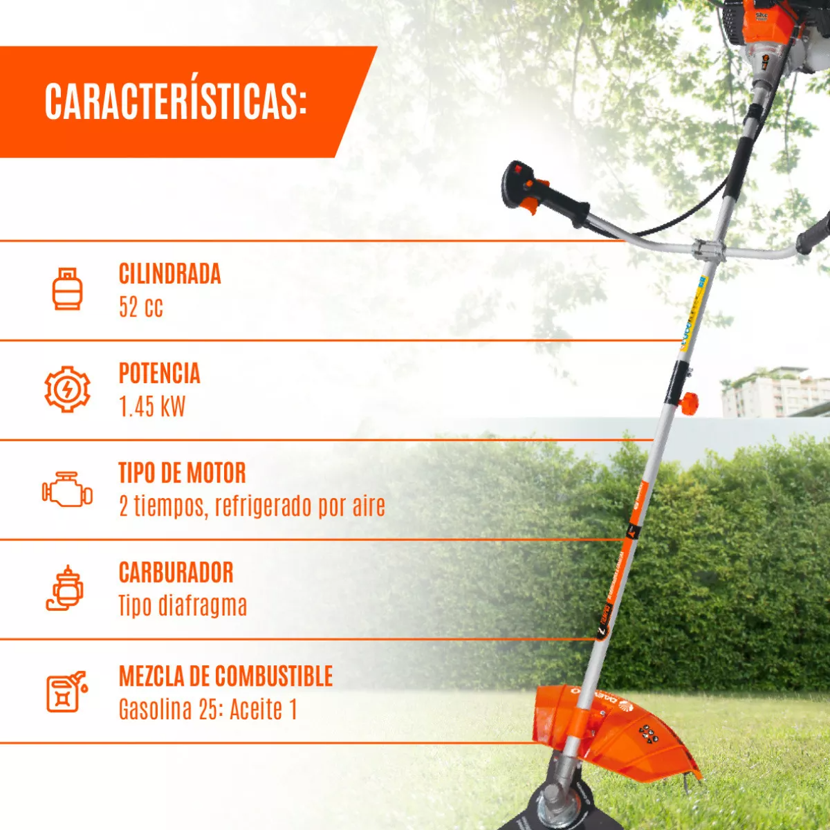 Desbrozadora De Césped Motor A Gasolina 52 Cc De Dos Tiempos