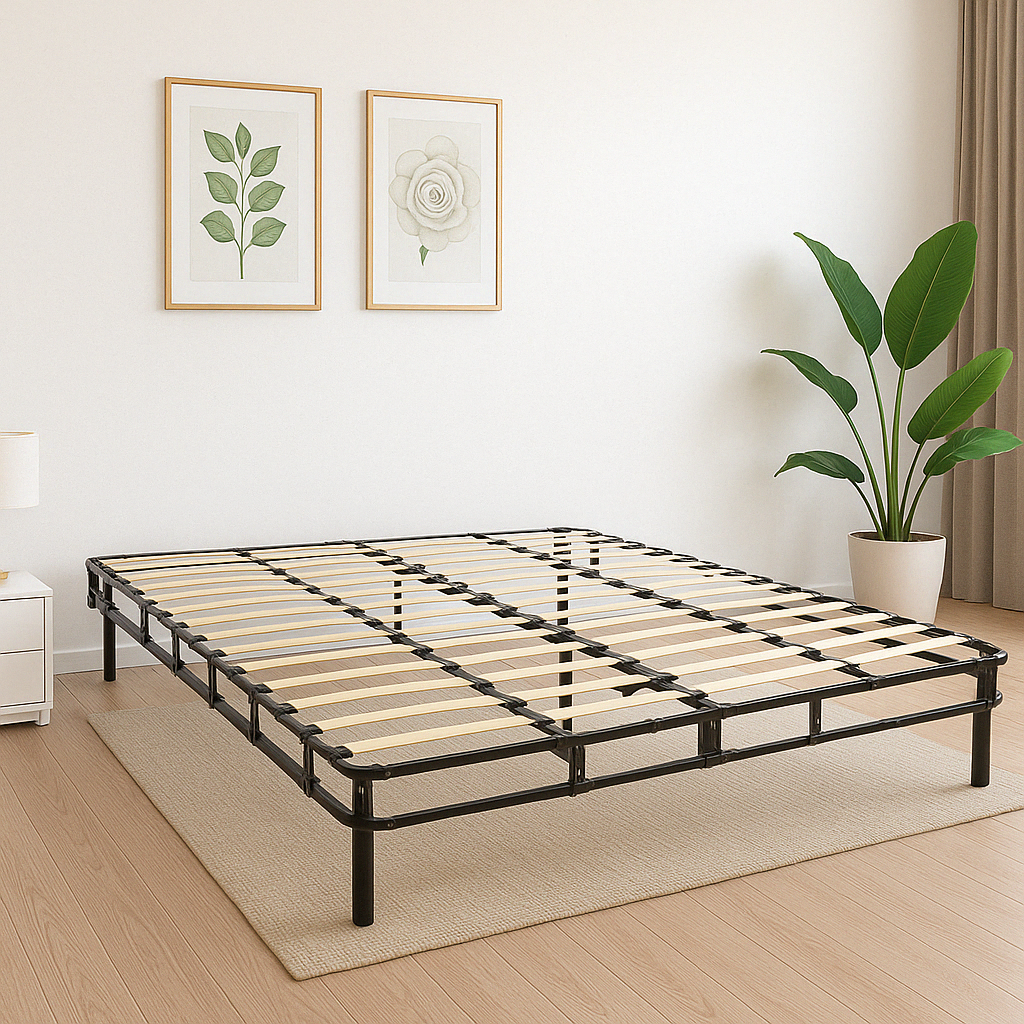 HOKINS Base Cama King Size de Metal con Láminas de Madera Flexibles 200 × 190 × 36 cm, Estructura de Acero Inoxidable incluye Protector