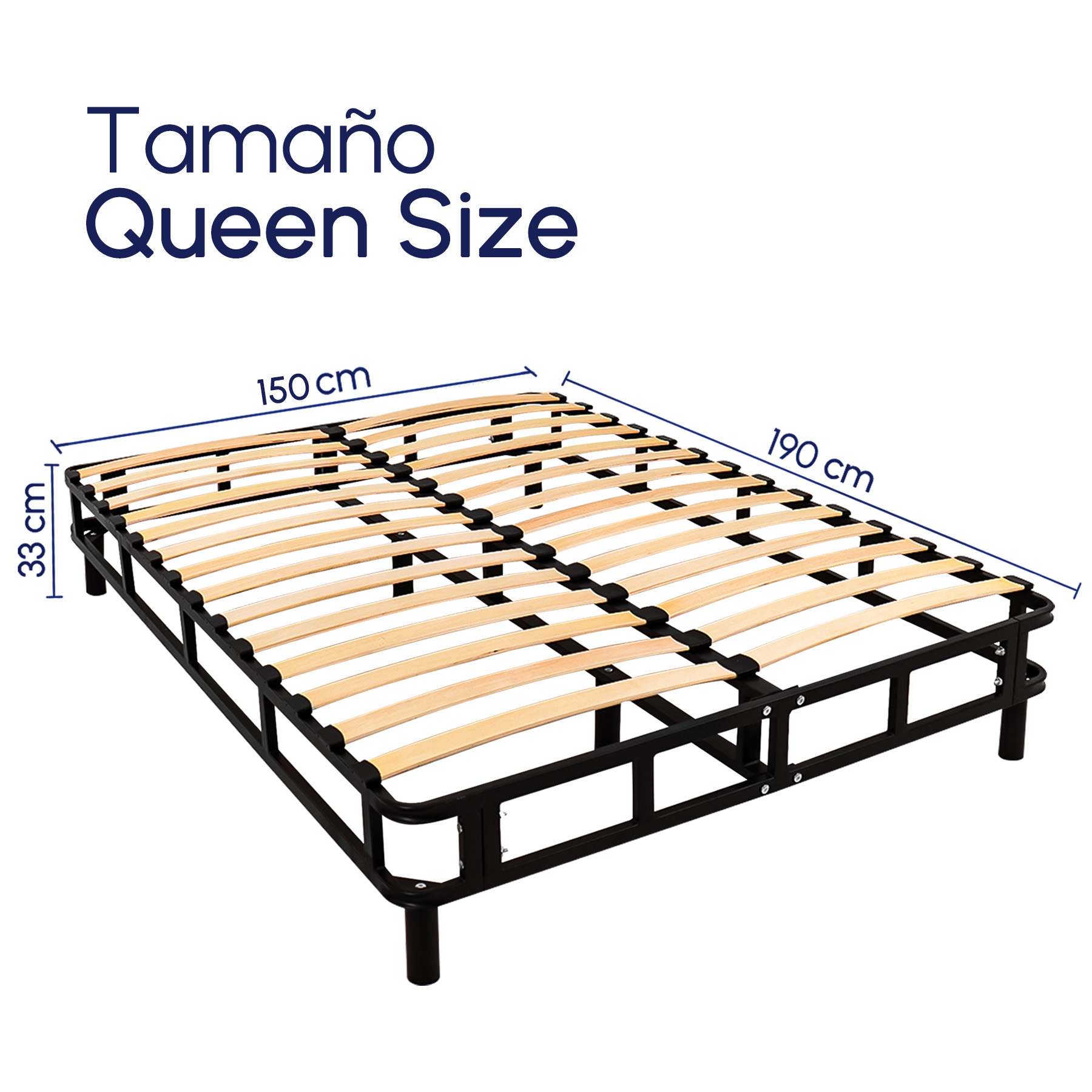 HOKINS Base Cama Queen Size de Metal con Láminas de Madera Flexibles 150 × 190 × 36 cm, Estructura de Acero Inoxidable incluye Protector