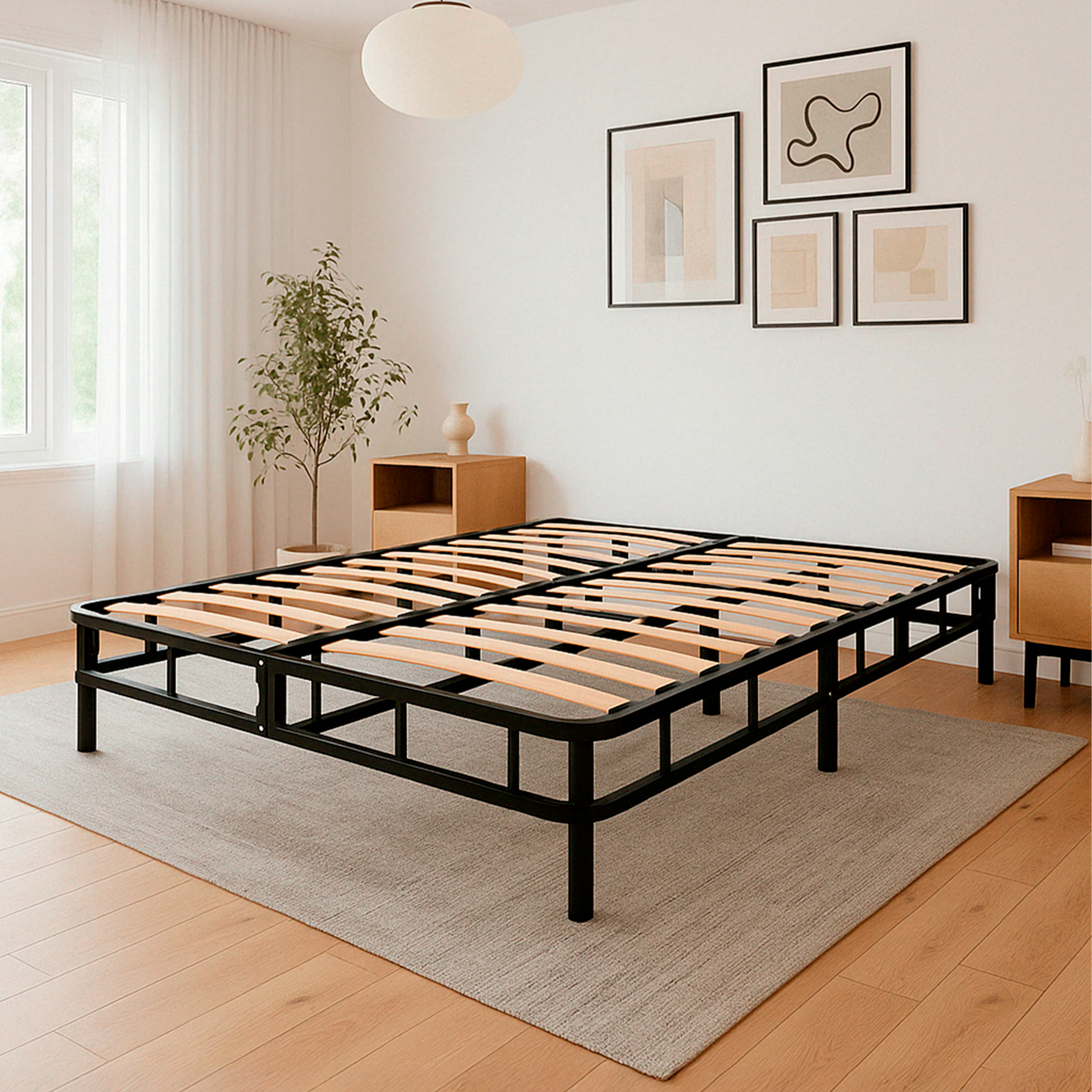 HOKINS Base Cama Queen Size de Metal con Láminas de Madera Flexibles 150 × 190 × 36 cm, Estructura de Acero Inoxidable incluye Protector