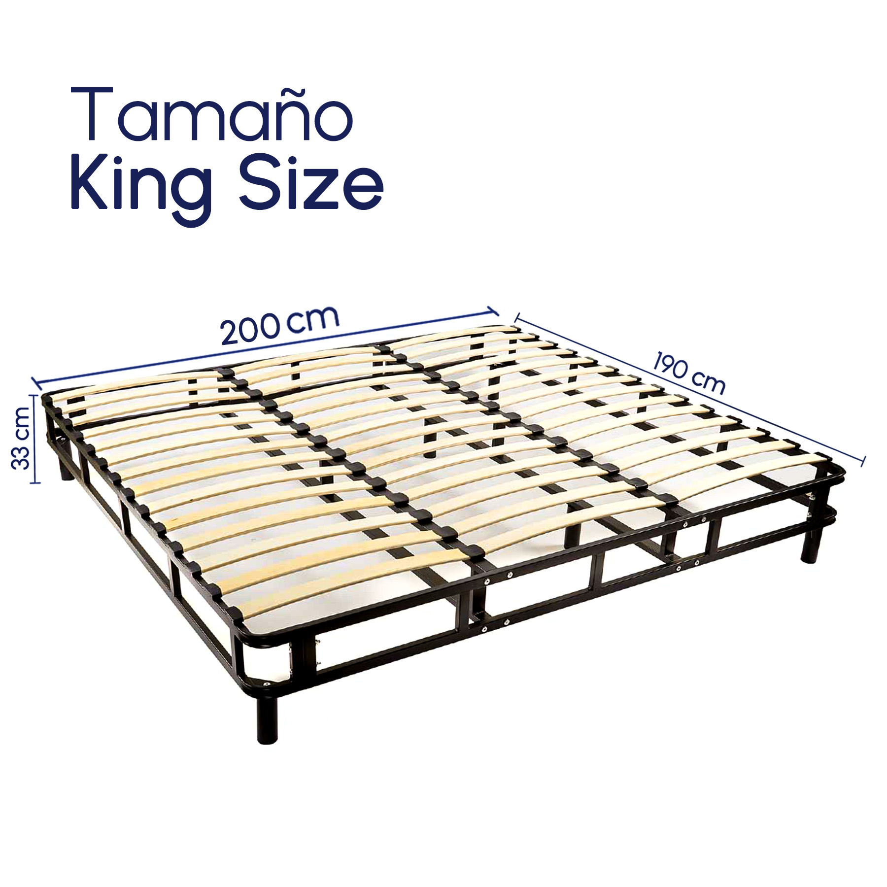 HOKINS Base Cama King Size de Metal con Láminas de Madera Flexibles 200 × 190 × 36 cm, Estructura de Acero Inoxidable incluye Protector
