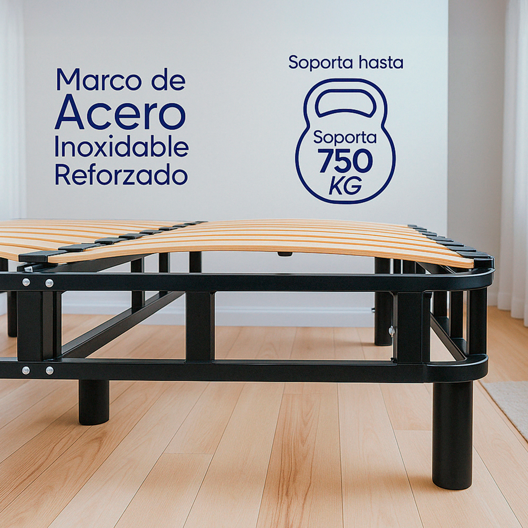 HOKINS Base Cama Queen Size de Metal con Láminas de Madera Flexibles 150 × 190 × 36 cm, Estructura de Acero Inoxidable incluye Protector