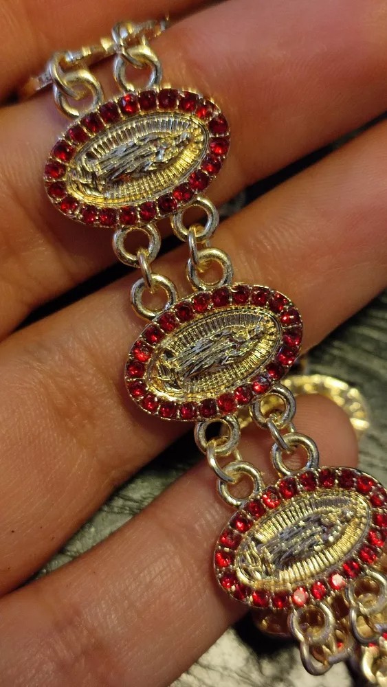 Pulsera Para Dama De La Virgen De Guadalupe, Oro 18k, zirconias rojas