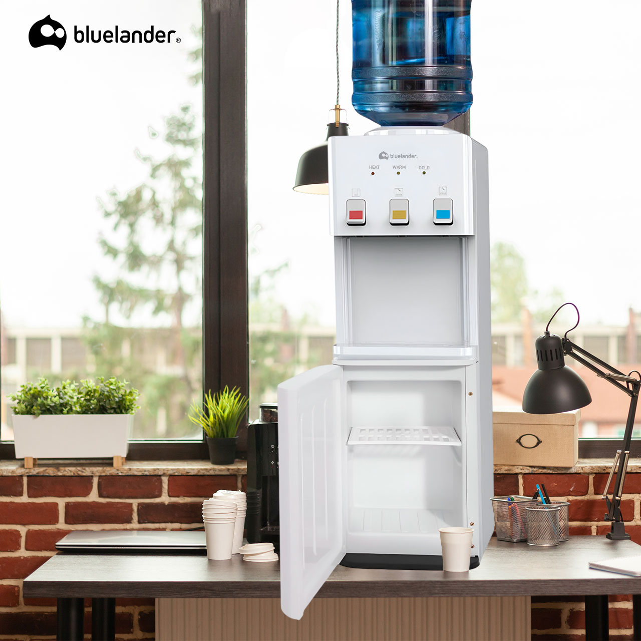 Dispensador de Agua Fría y Caliente, 3 Ajustes de Temperatura, Gabinete de Almacenamiento, Blanco Bluelander