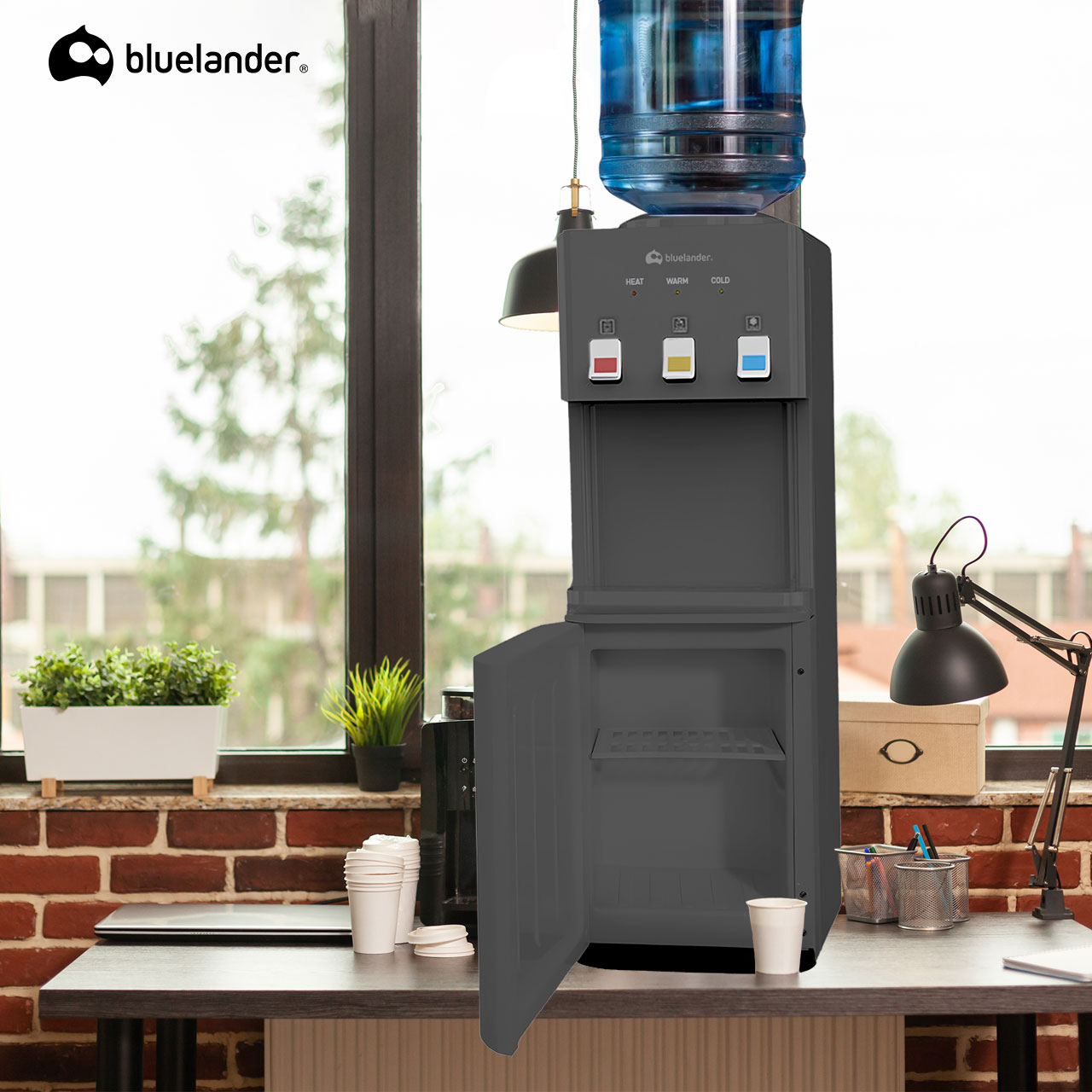 Dispensador de Agua Fría y Caliente, 3 Ajustes de Temperatura, Gabinete de Almacenamiento, Negro Bluelander