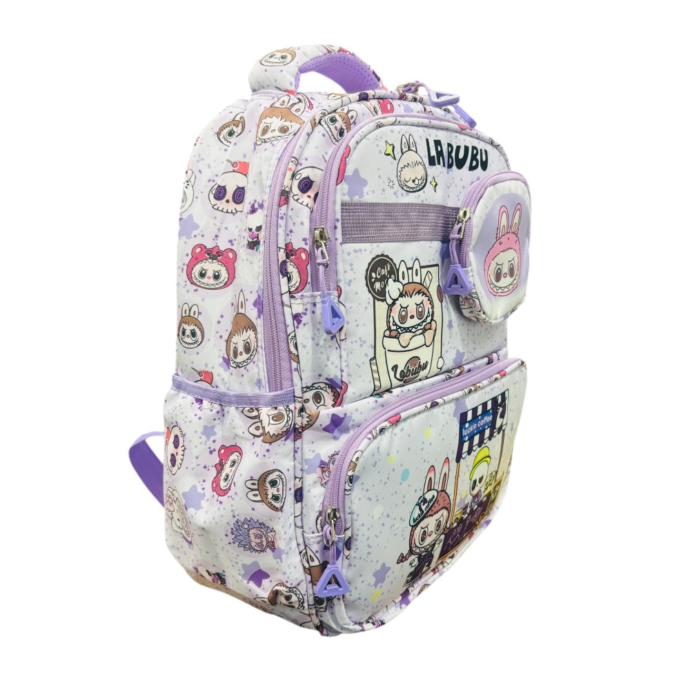 Mochila escolar color lila de Labubu es práctica y espaciosa