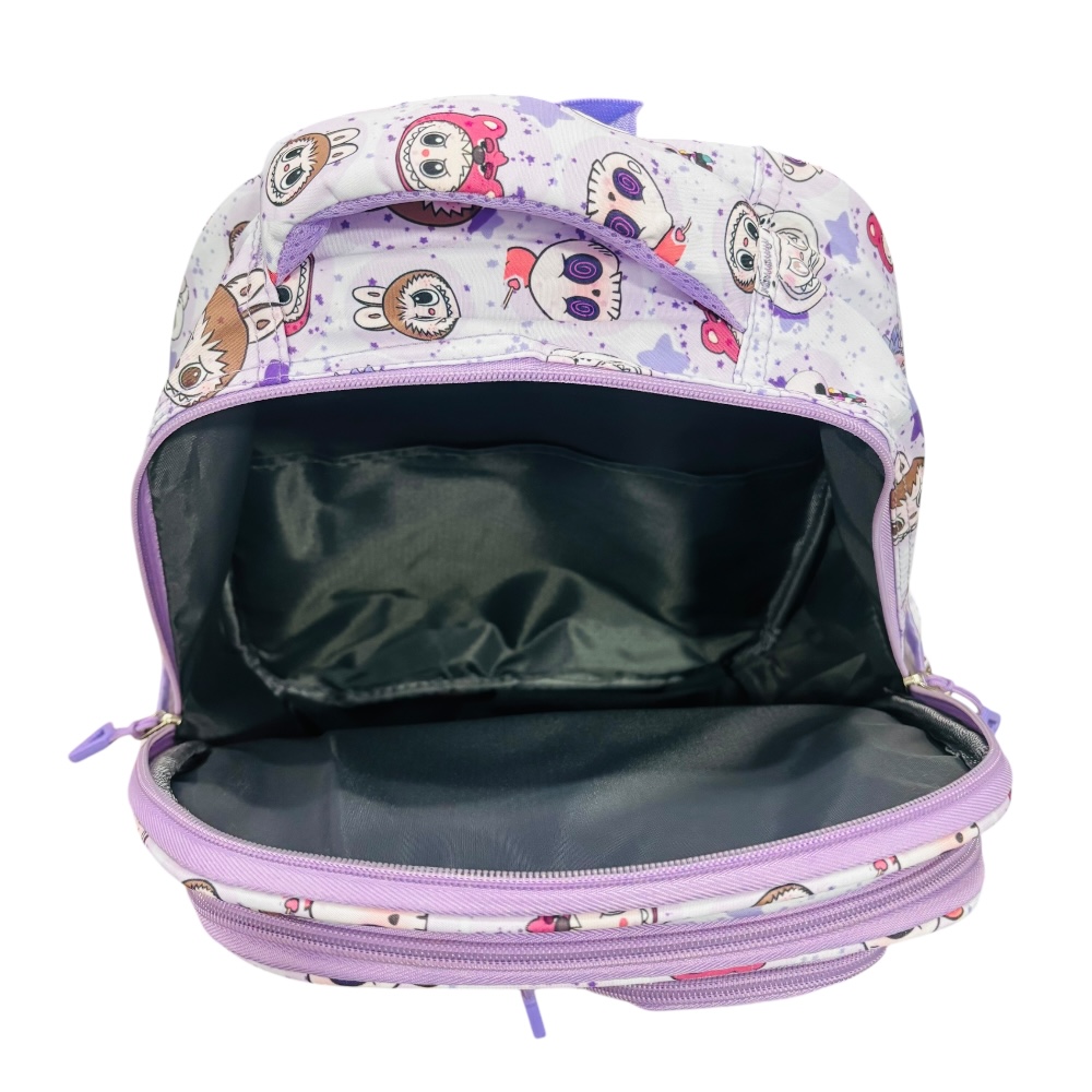 Mochila escolar color lila de Labubu es práctica y espaciosa