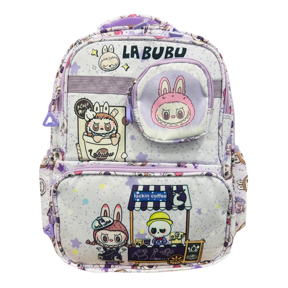 Mochila escolar color lila de Labubu es práctica y espaciosa