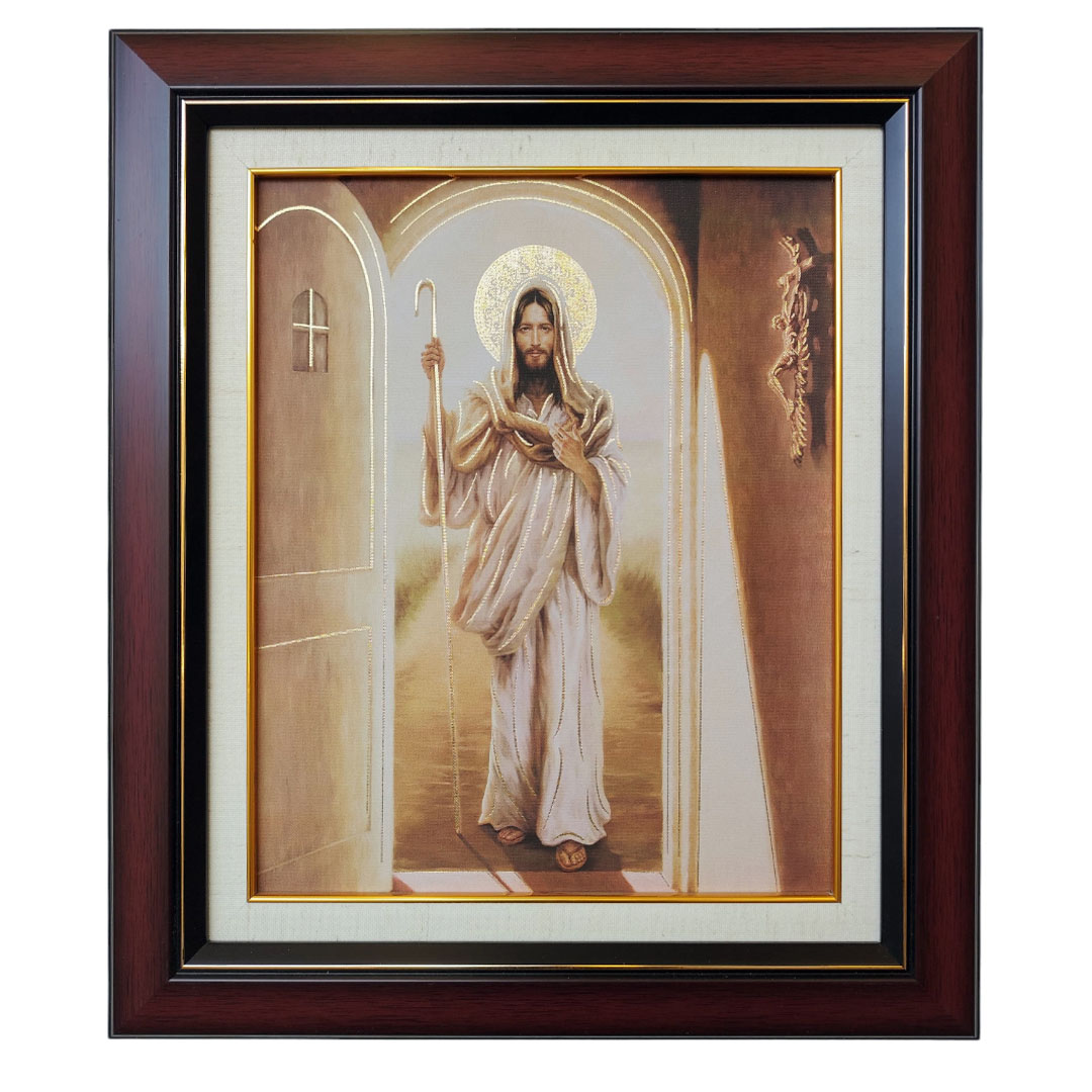 Cuadro decorativo de Jesús entrando por una puerta con marco y marialuisa
