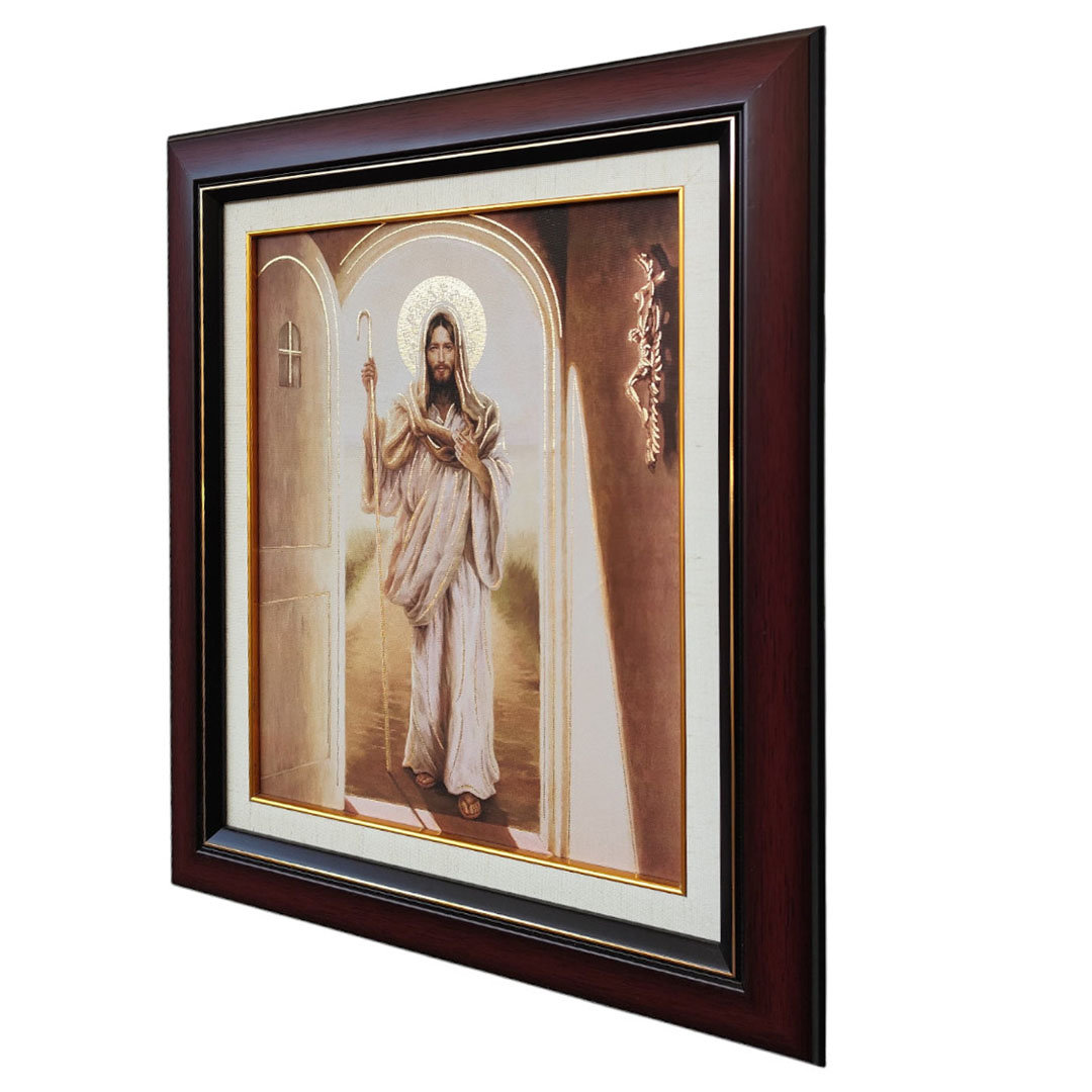 Cuadro decorativo de Jesús entrando por una puerta con marco y marialuisa