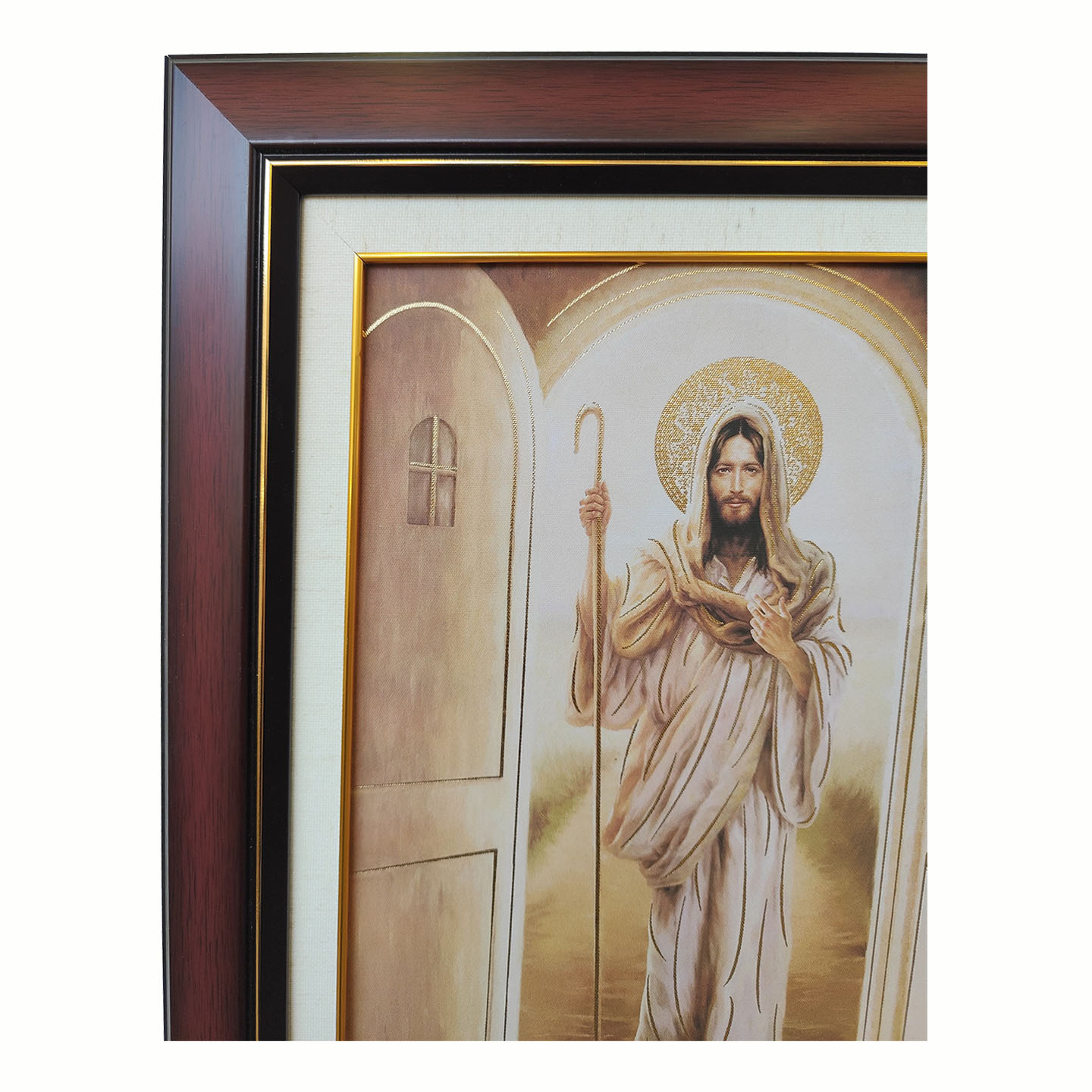 Cuadro decorativo de Jesús entrando por una puerta con marco y marialuisa