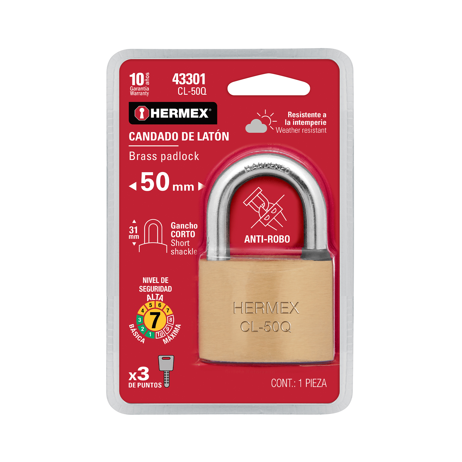 Candado de latón, 50mm, gancho corto,llave de puntos,blister