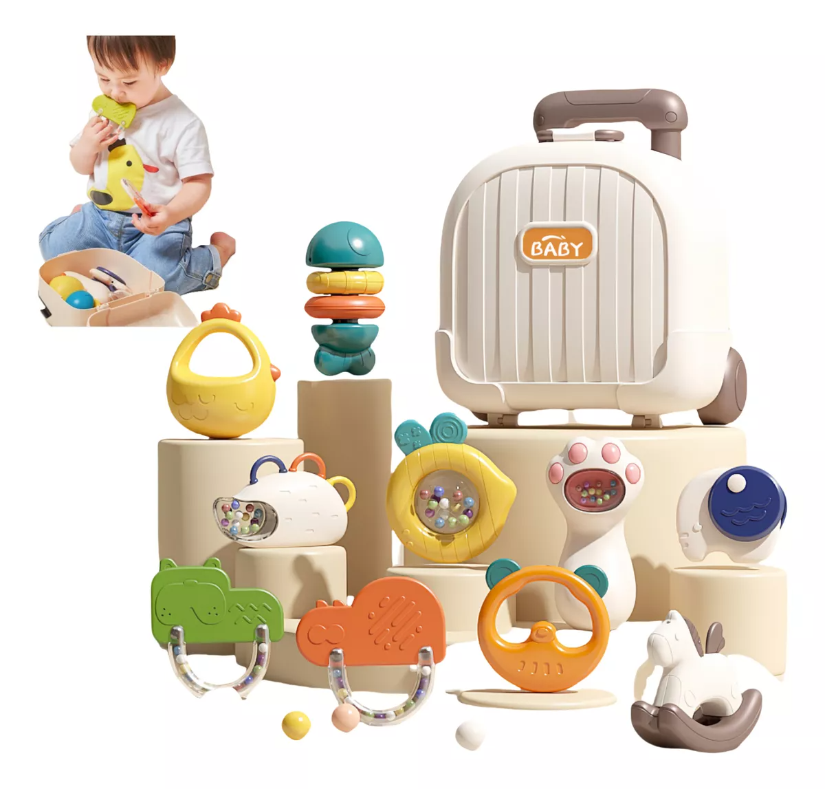 Juguetes De Sonajero Mordedor Molar Caja Trolley + 10 Piezas