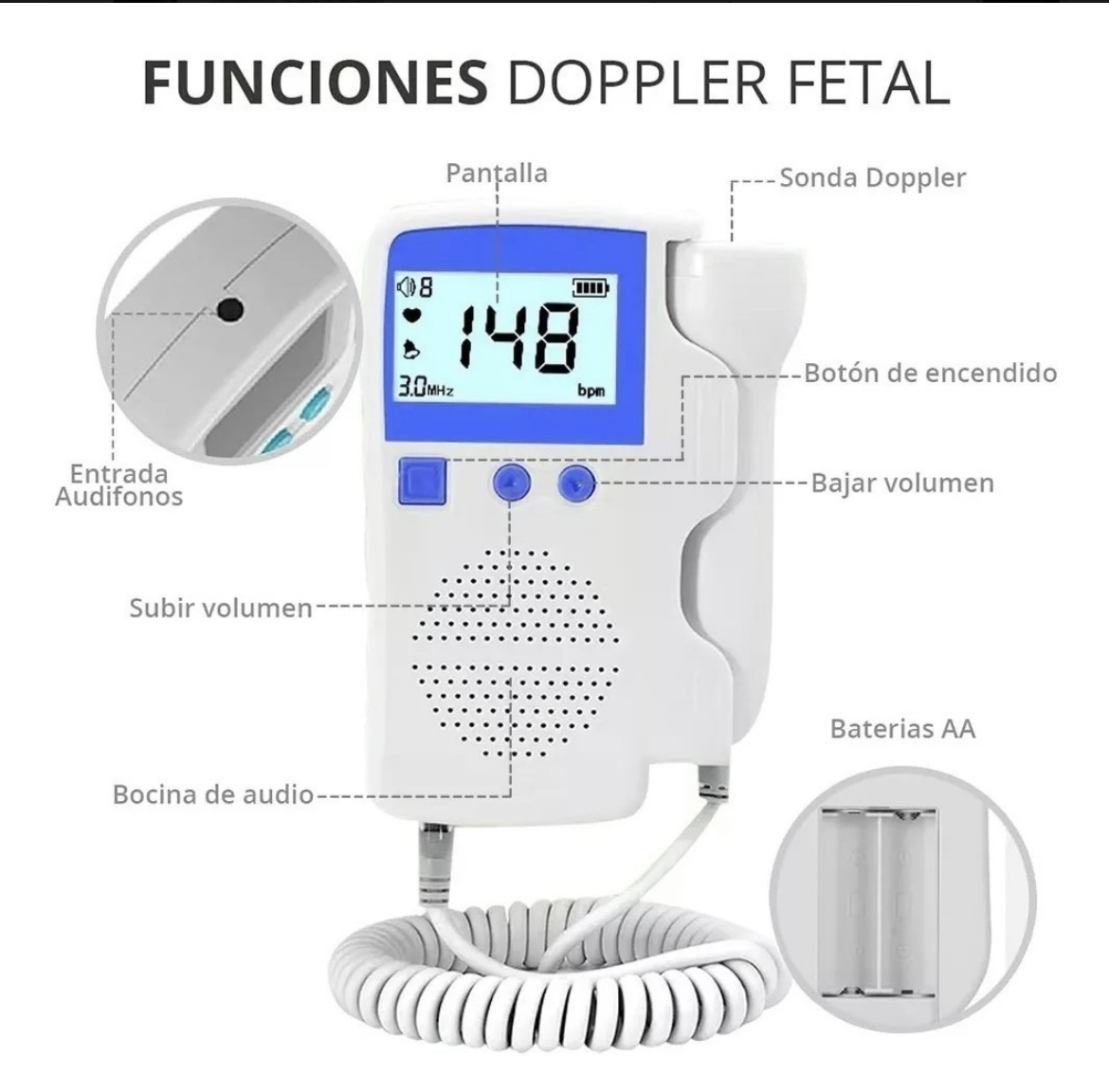 Detector De Frecuencia Cardíaca Fetal Doppler +gel  Batería