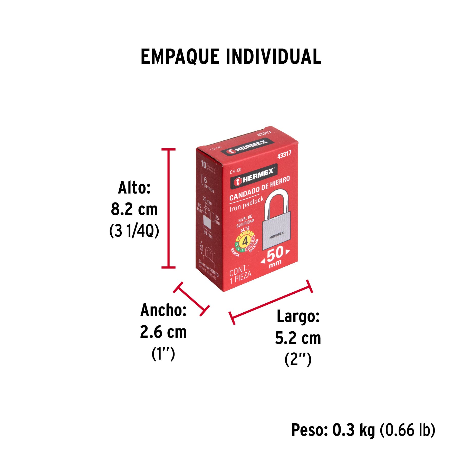 Candado de hierro 50 mm gancho corto en caja, HERMEX
