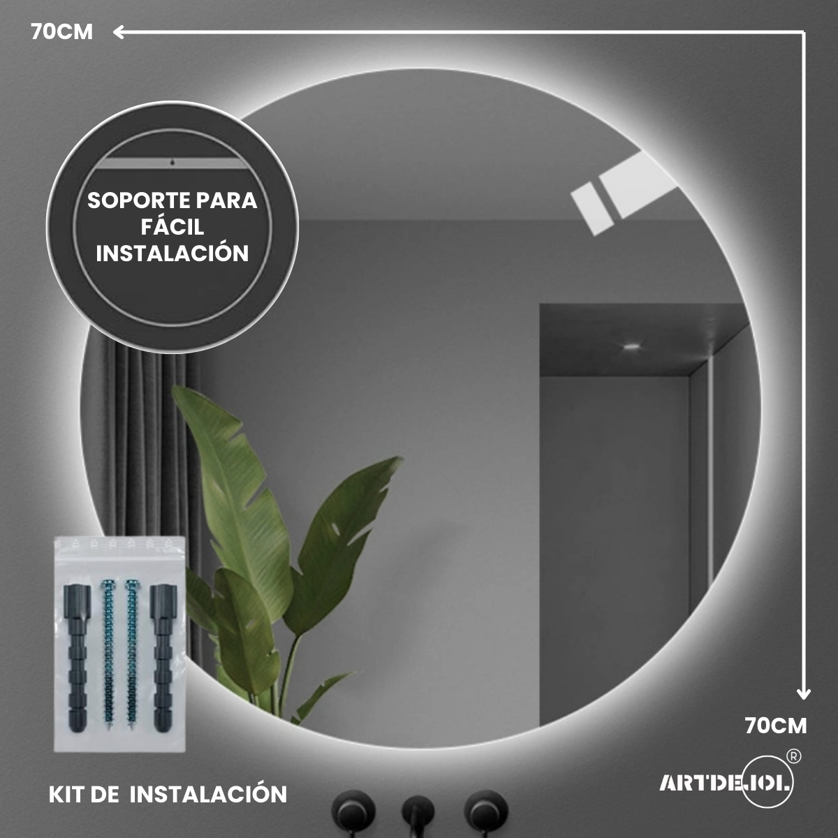 Espejo Led Luz Cálida Circular Diámetro 70 cm Imagen Hd