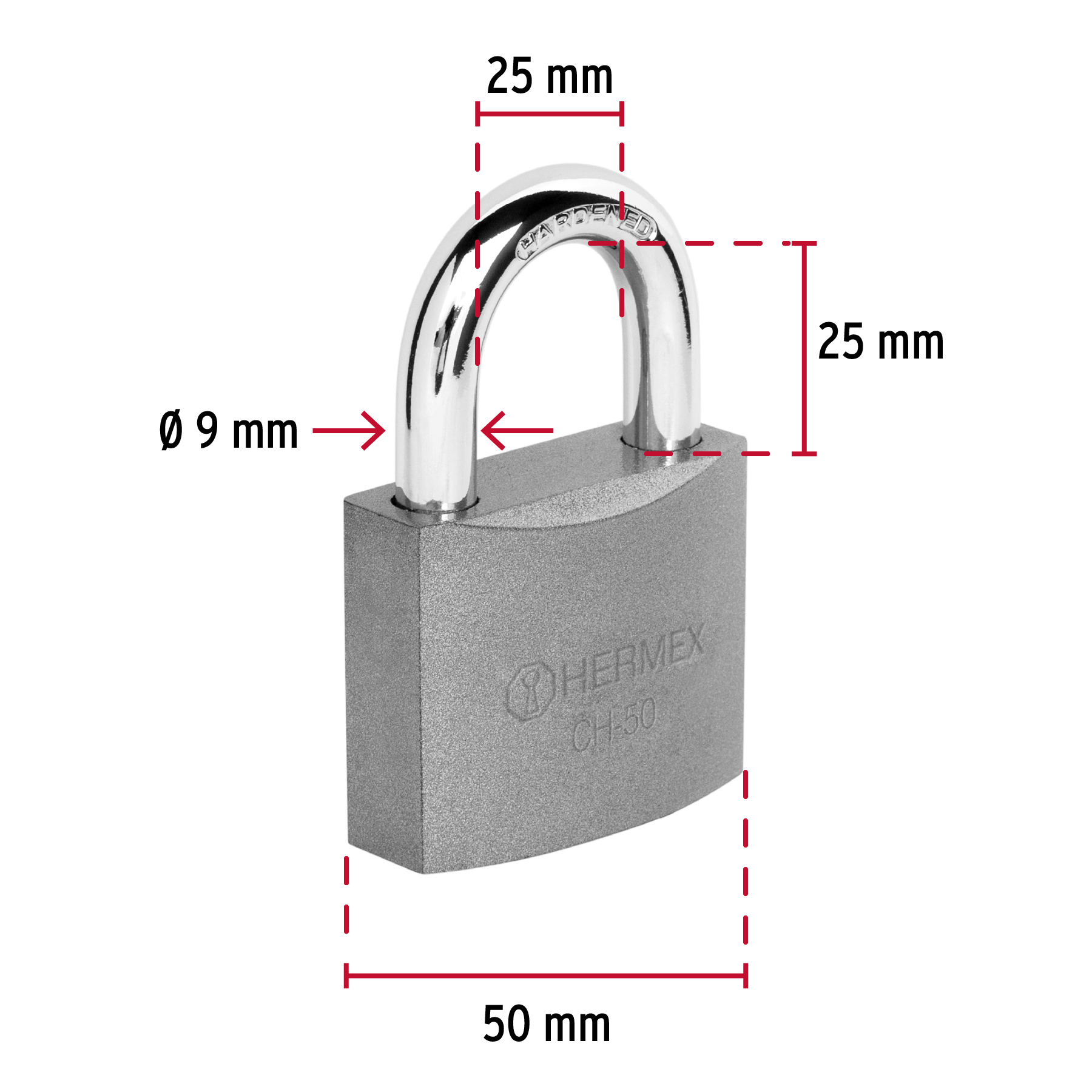 Candado de hierro 50 mm gancho corto en caja, HERMEX