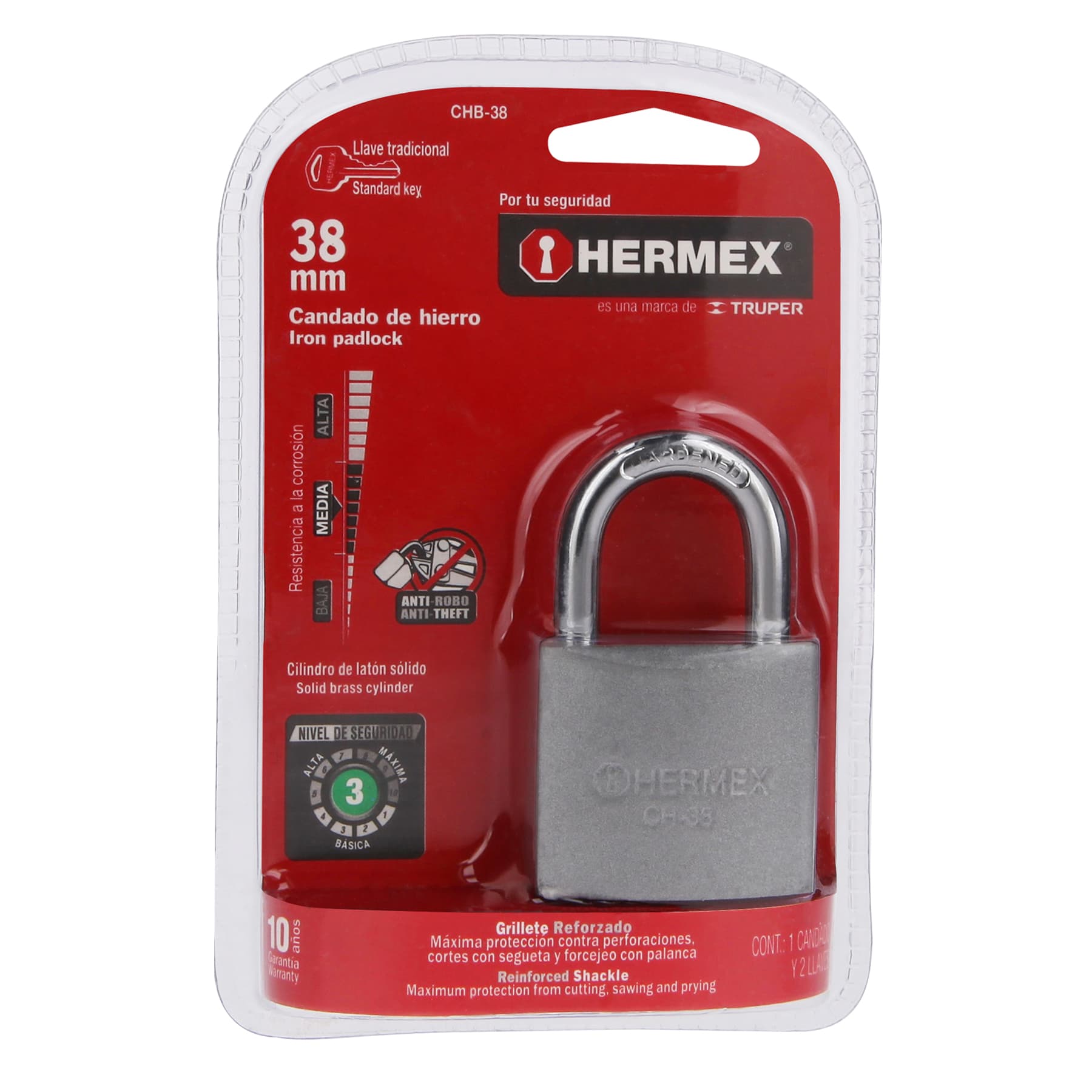 Candado de hierro 38 mm gancho corto en blíster, HERMEX